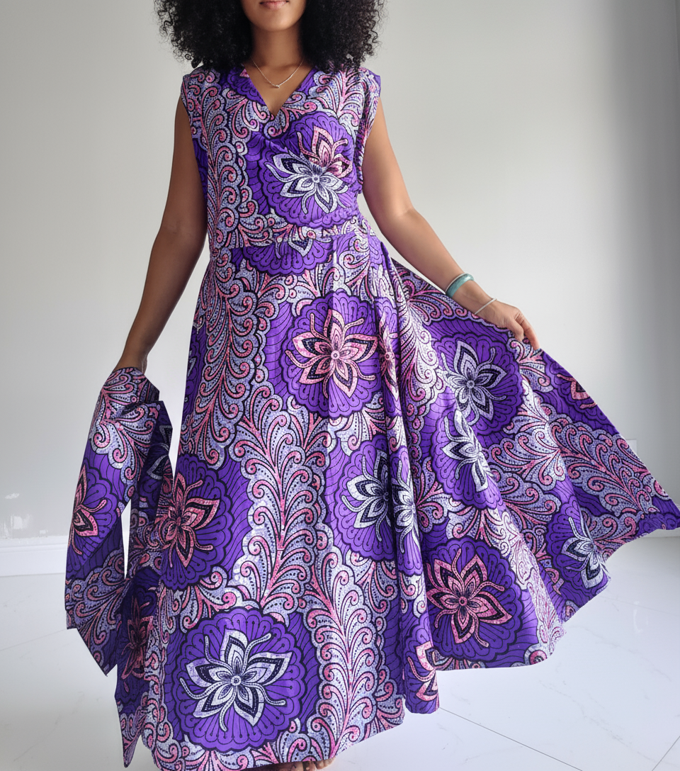 1045- Women Long Printed  Sleeveless Wrap Dress