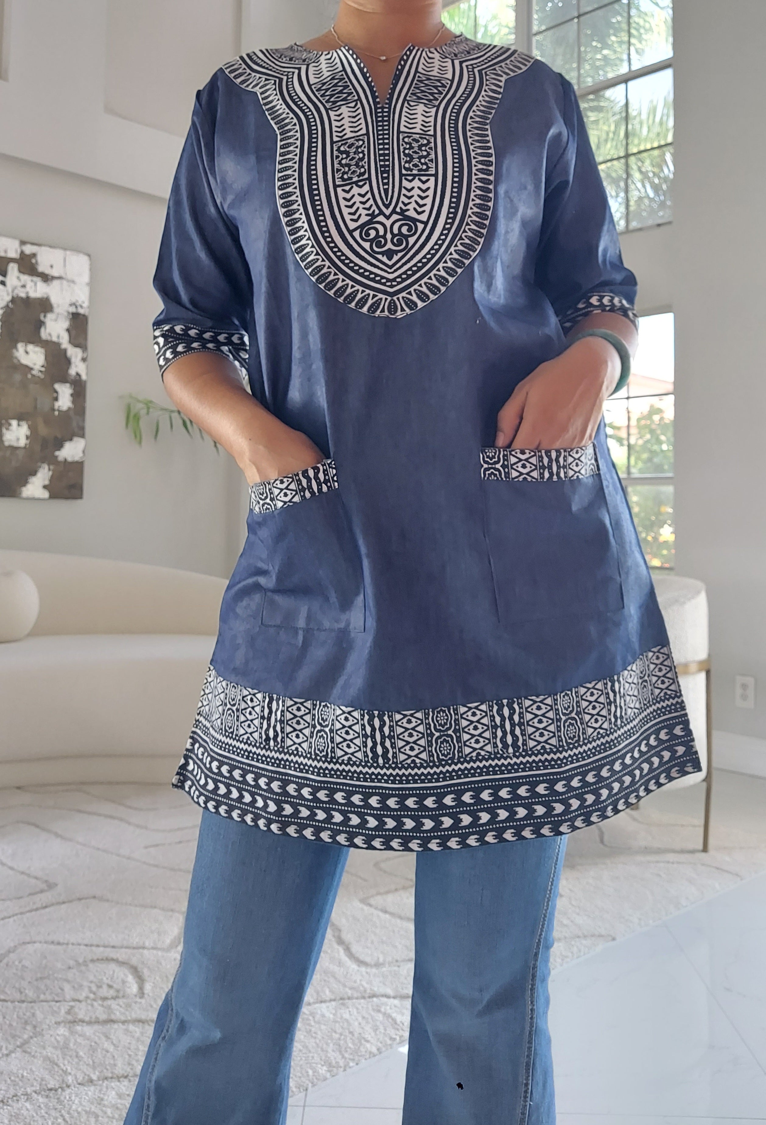 Tunic Shirt / Men/ Unisex/Denim Dashiki With Kufi Hat- Black