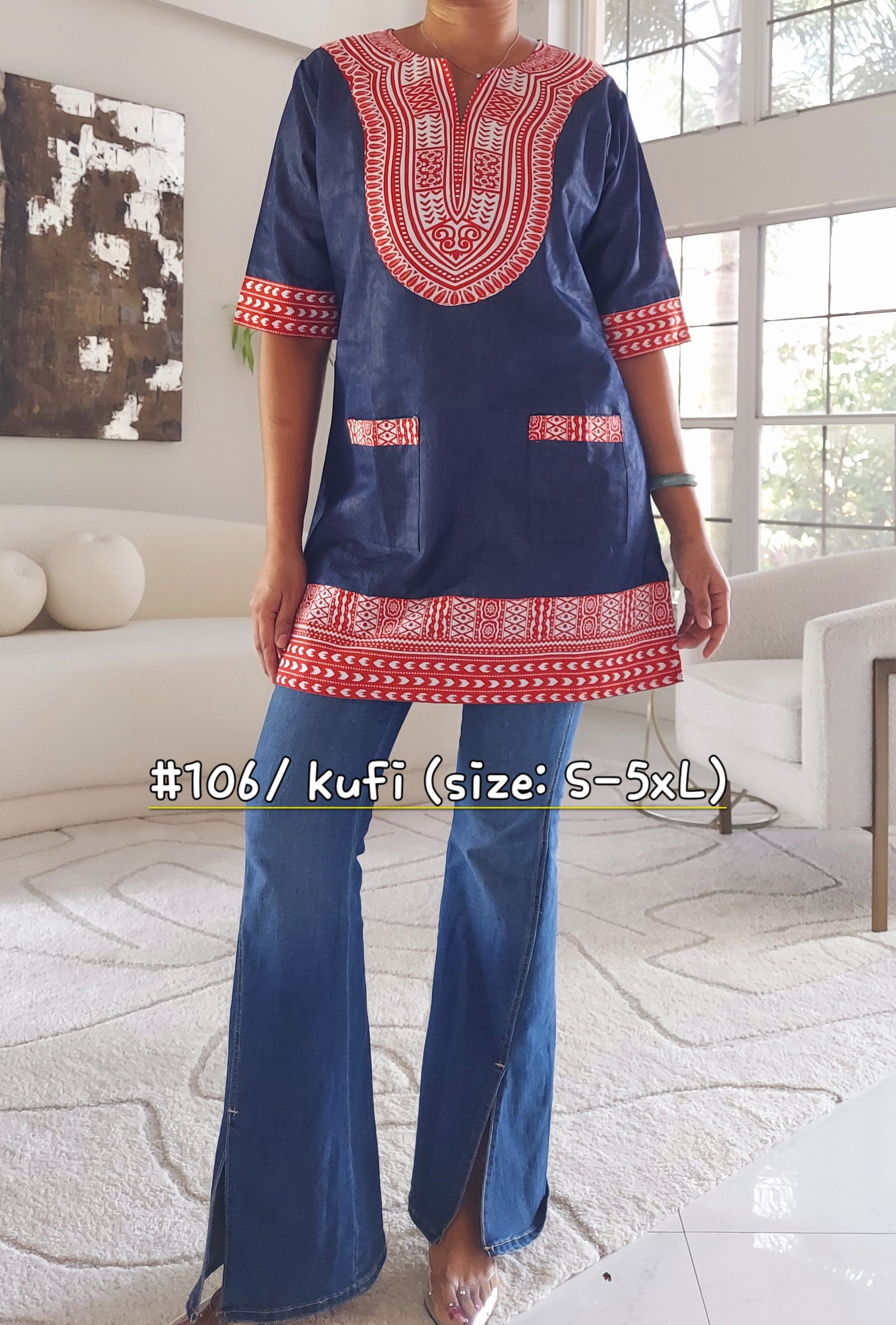 Tunic Shirt / Men/ Unisex/Denim Dashiki With Kufi Hat- Red