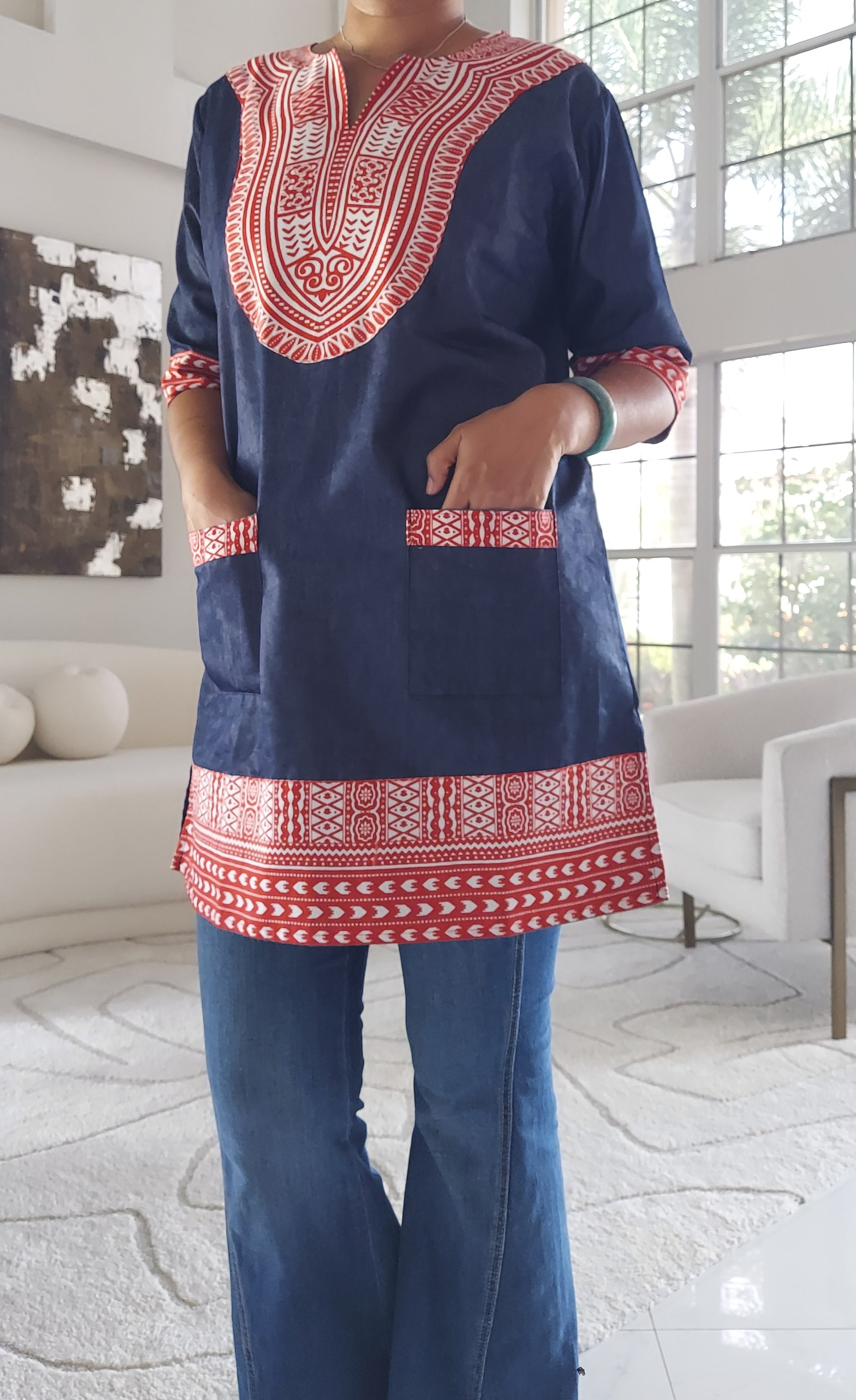 Tunic Shirt / Men/ Unisex/Denim Dashiki With Kufi Hat- Red