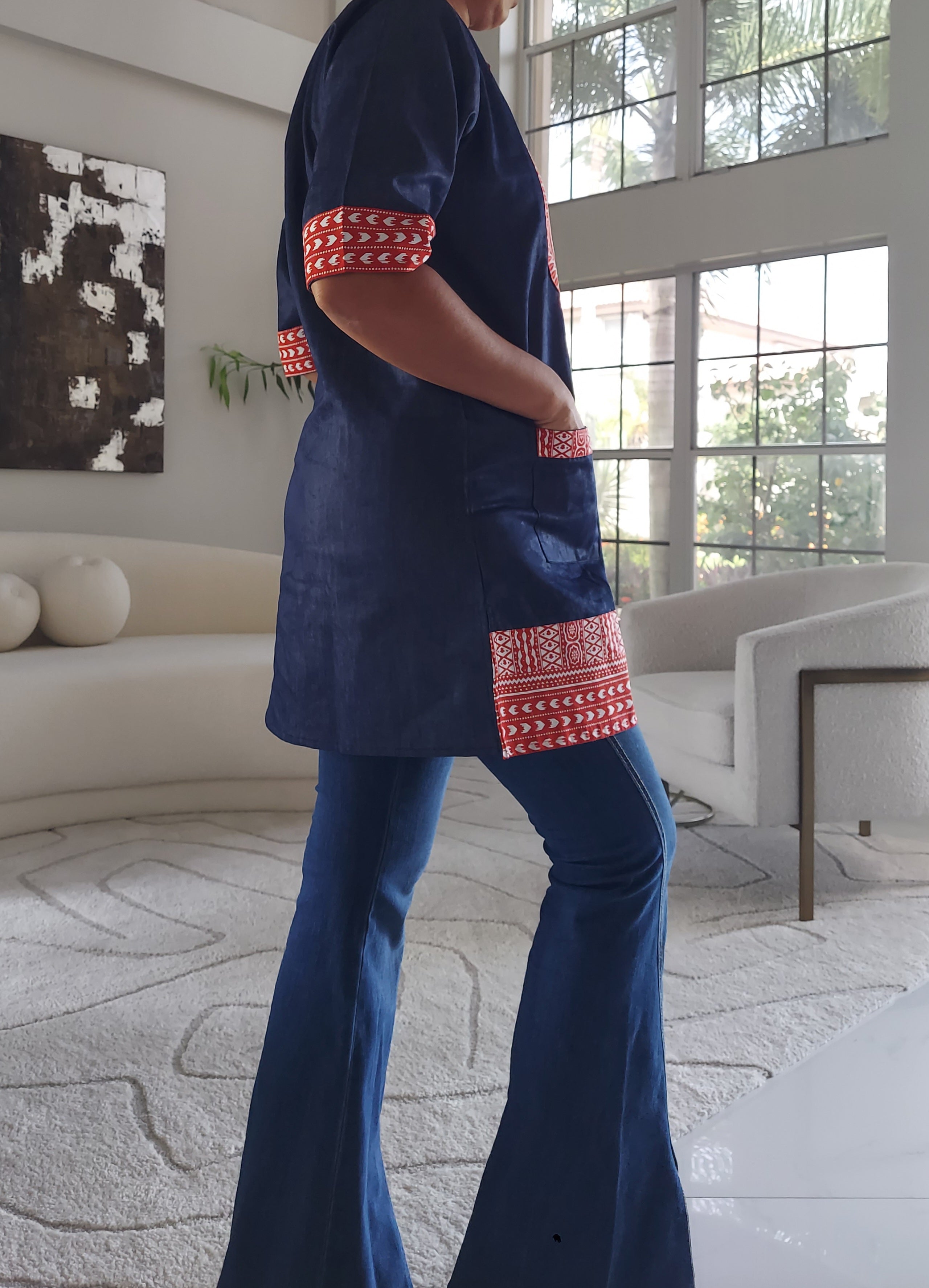 Tunic Shirt / Men/ Unisex/Denim Dashiki With Kufi Hat- Red