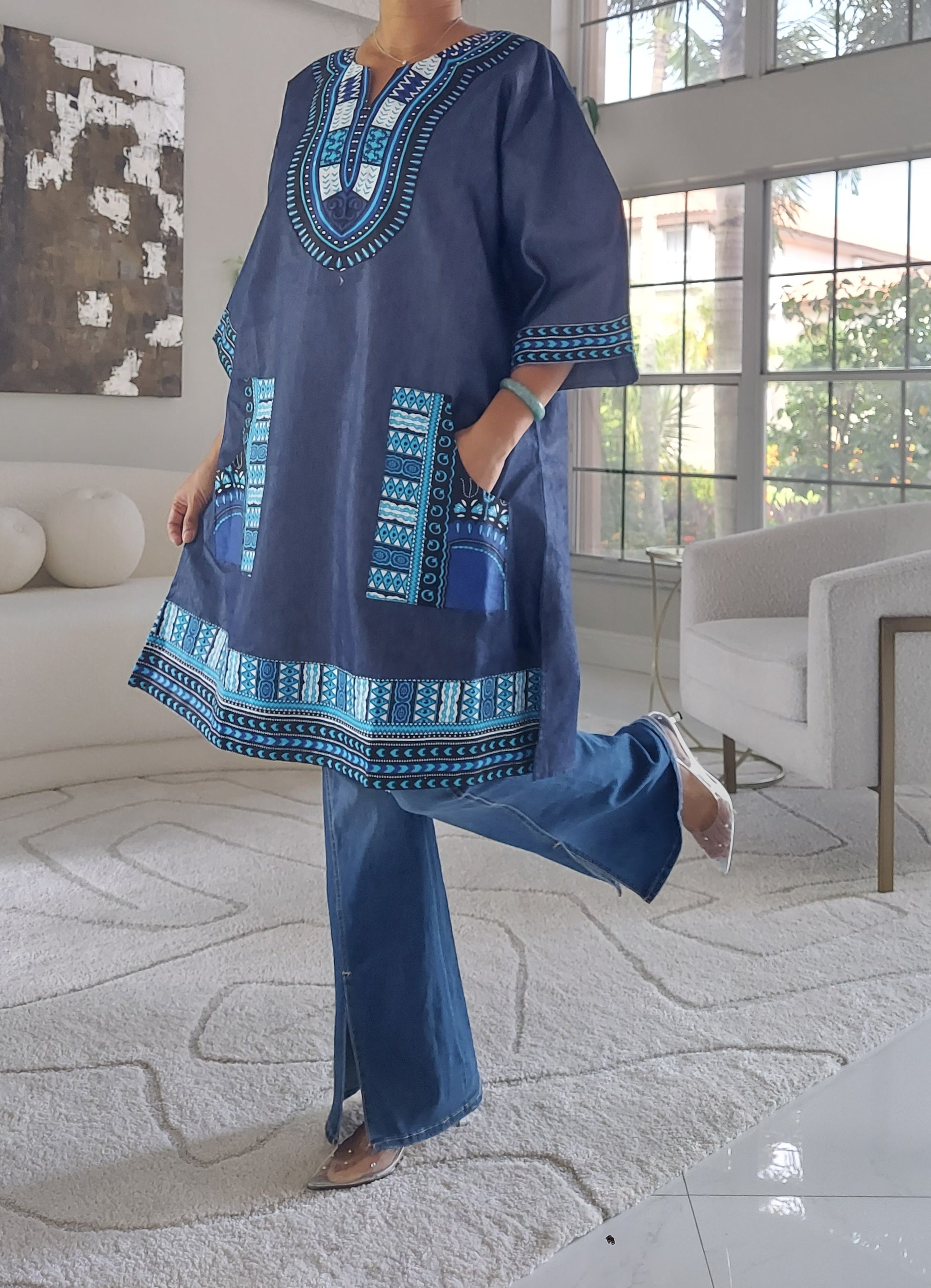 Denim/Dashiki Top/ Dress- Missy  Blue/Blue 105