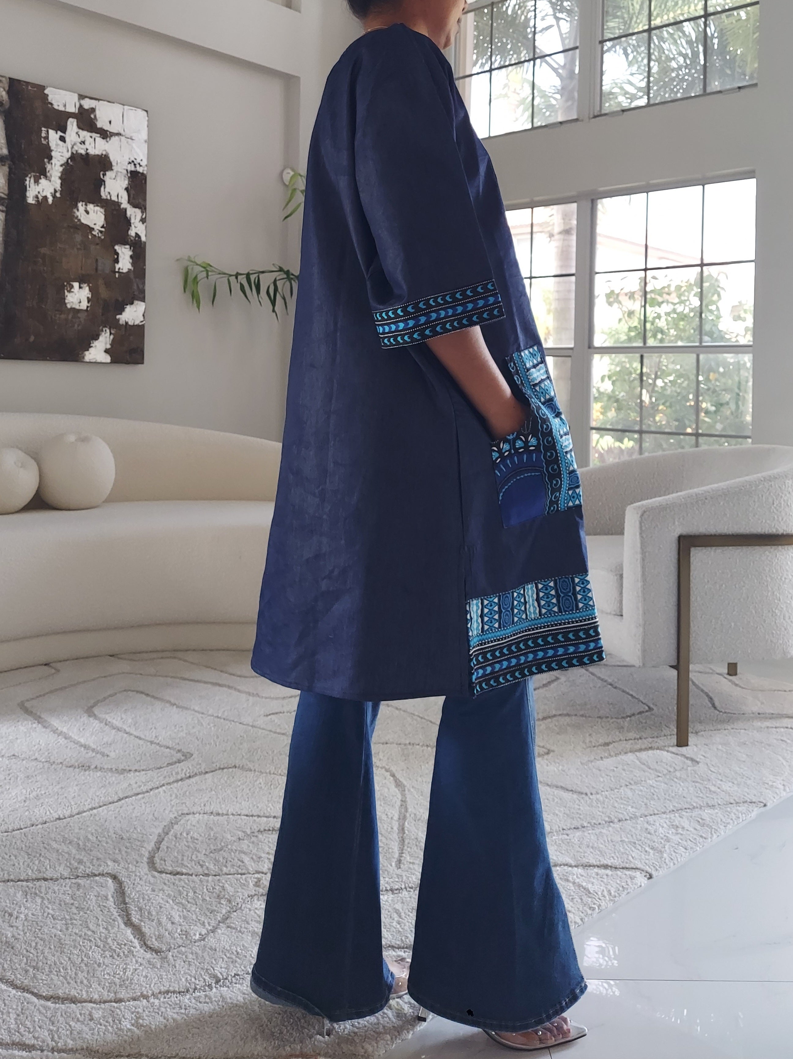 African Mid Length Denim/Dashiki Top/ Dress- Blue/Blue