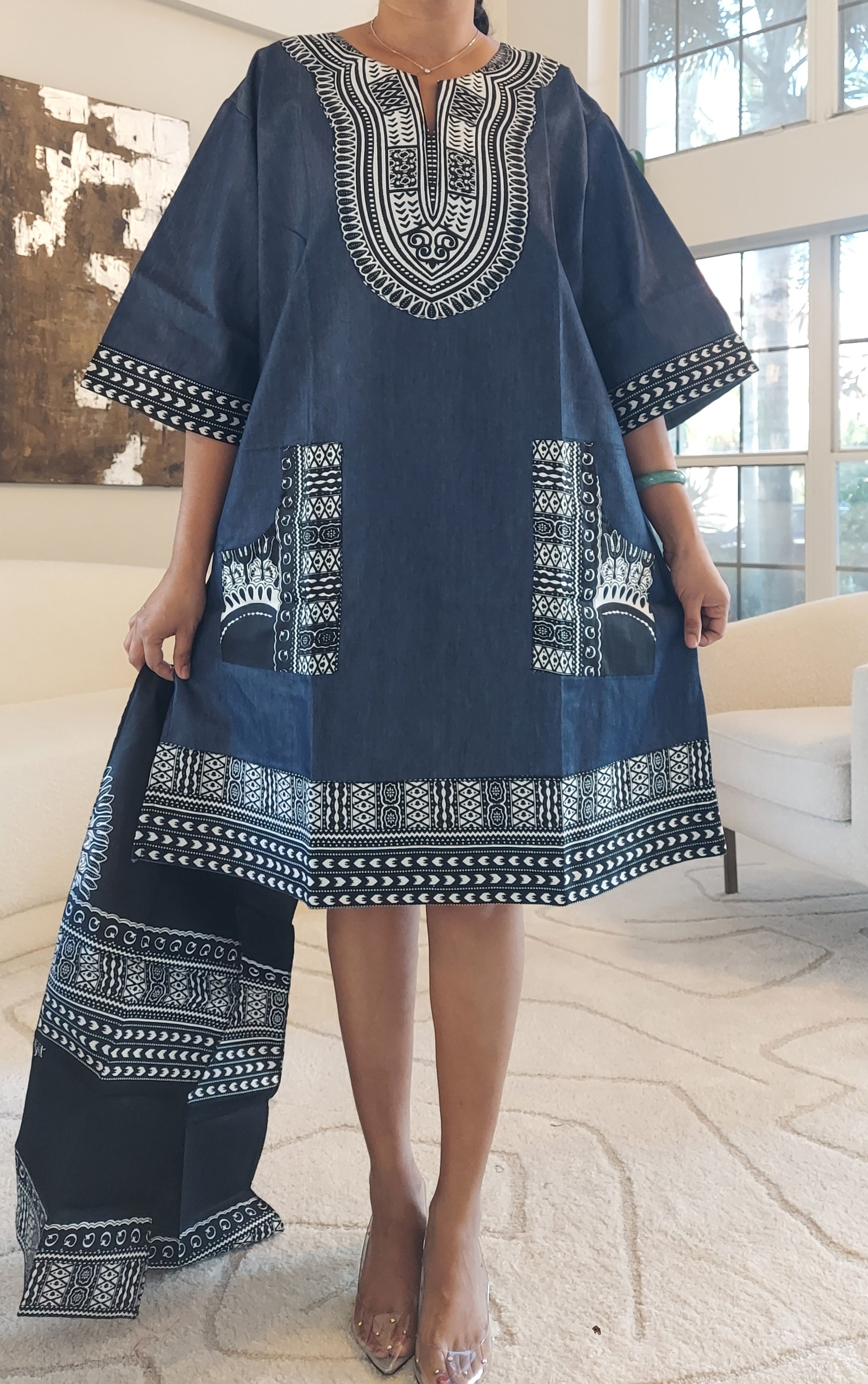 Denim/Dashiki Top/ Dress- Missy Black 105