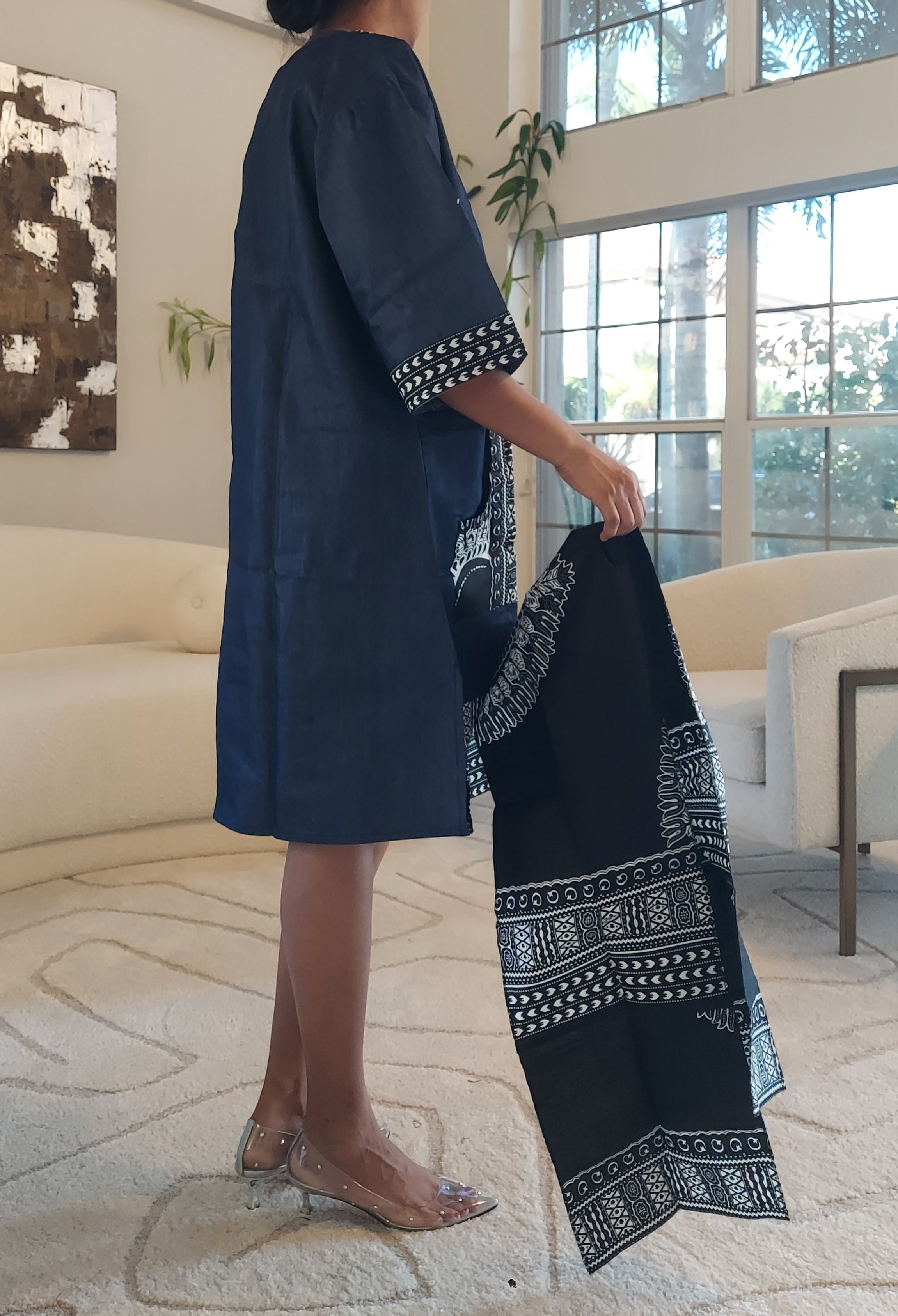 African Mid Length Denim/Dashiki Top/ Dress- Black/Blue