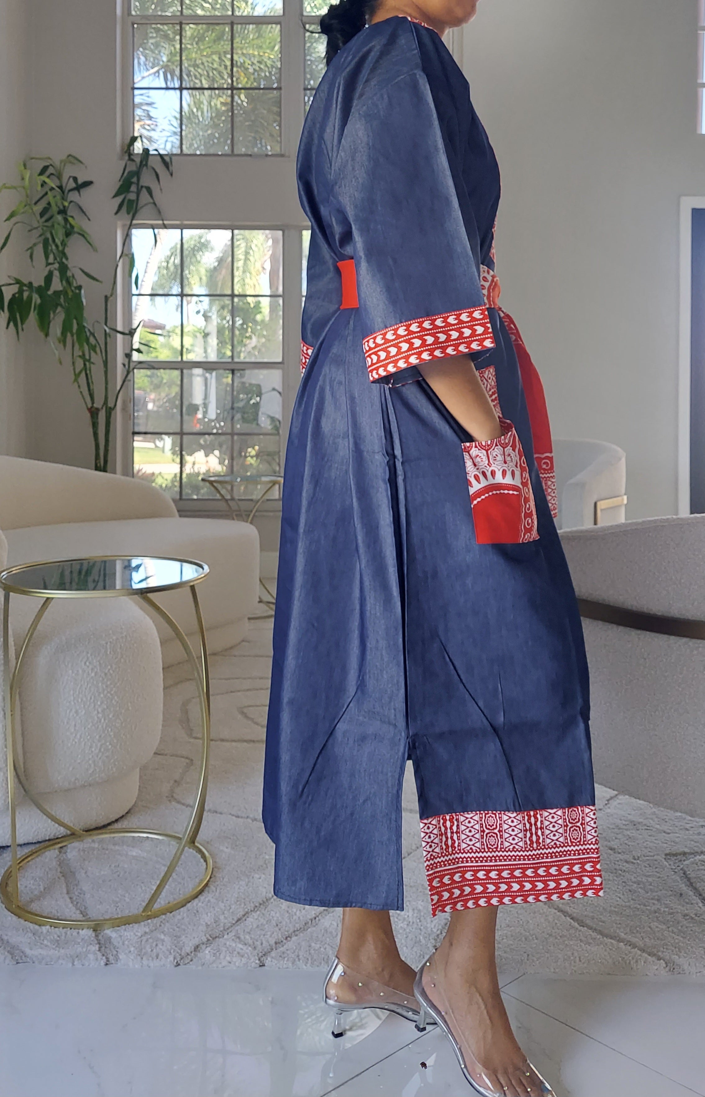 African Long Denim/Dashiki kaftan Dress- Red India Batik Retail African Long Denim/Dashiki kaftan Dress- Red India Batik Retail