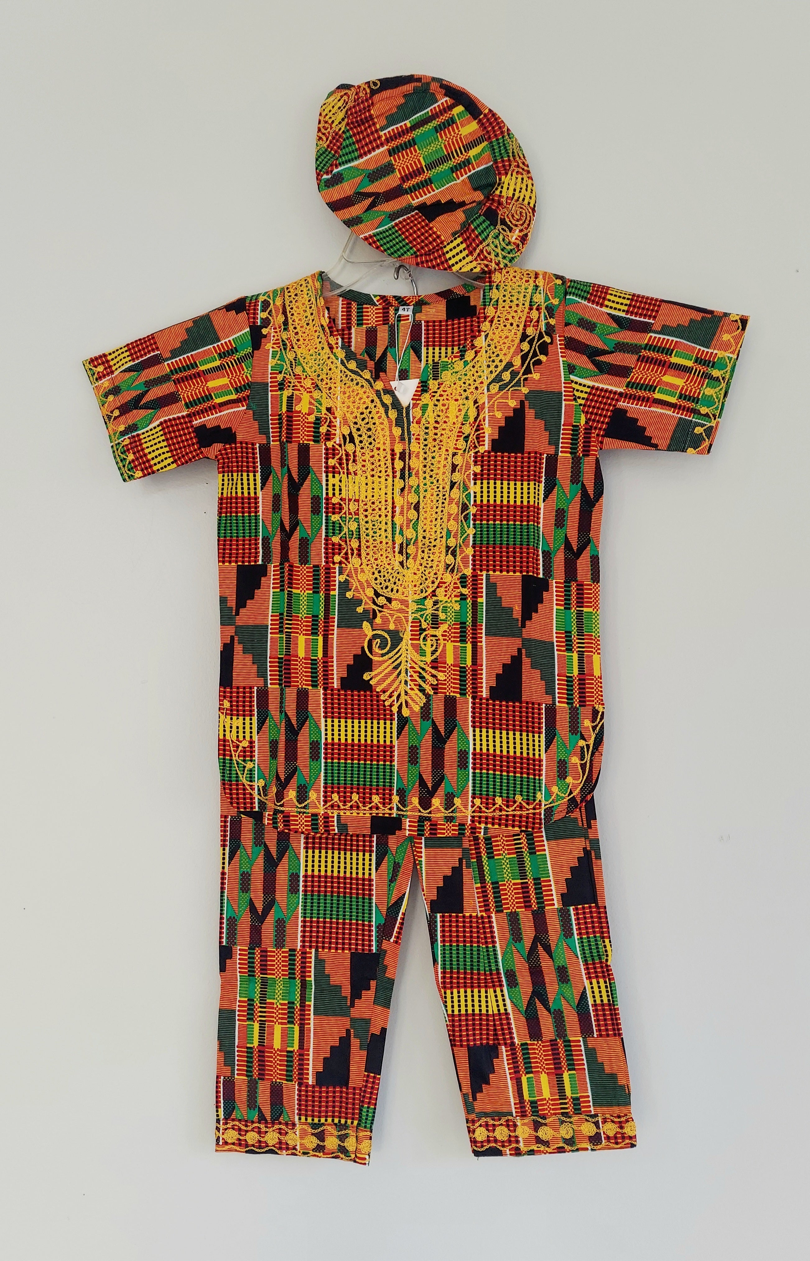 Boys 3 Pcs Kente  Set/ Pant/Tunic/Kufi Hat