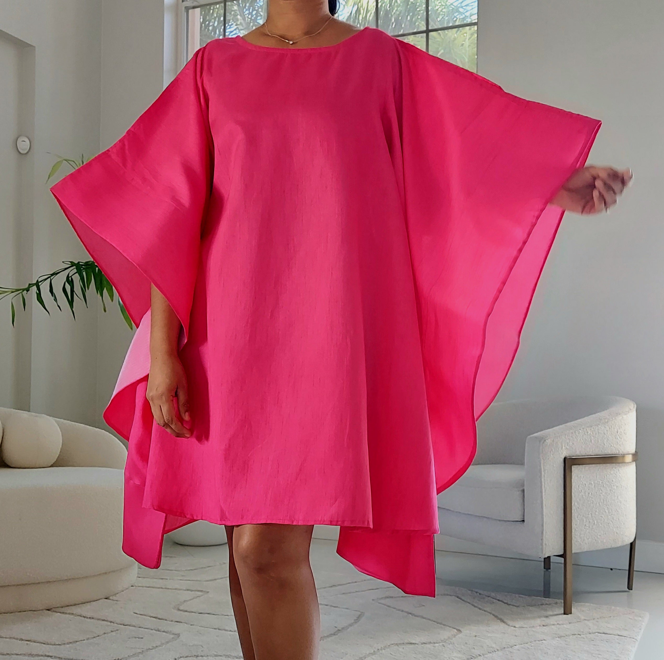 Faux Silk Wing Dress/Poncho Dress/ Wing Sleeves-Fuchsia