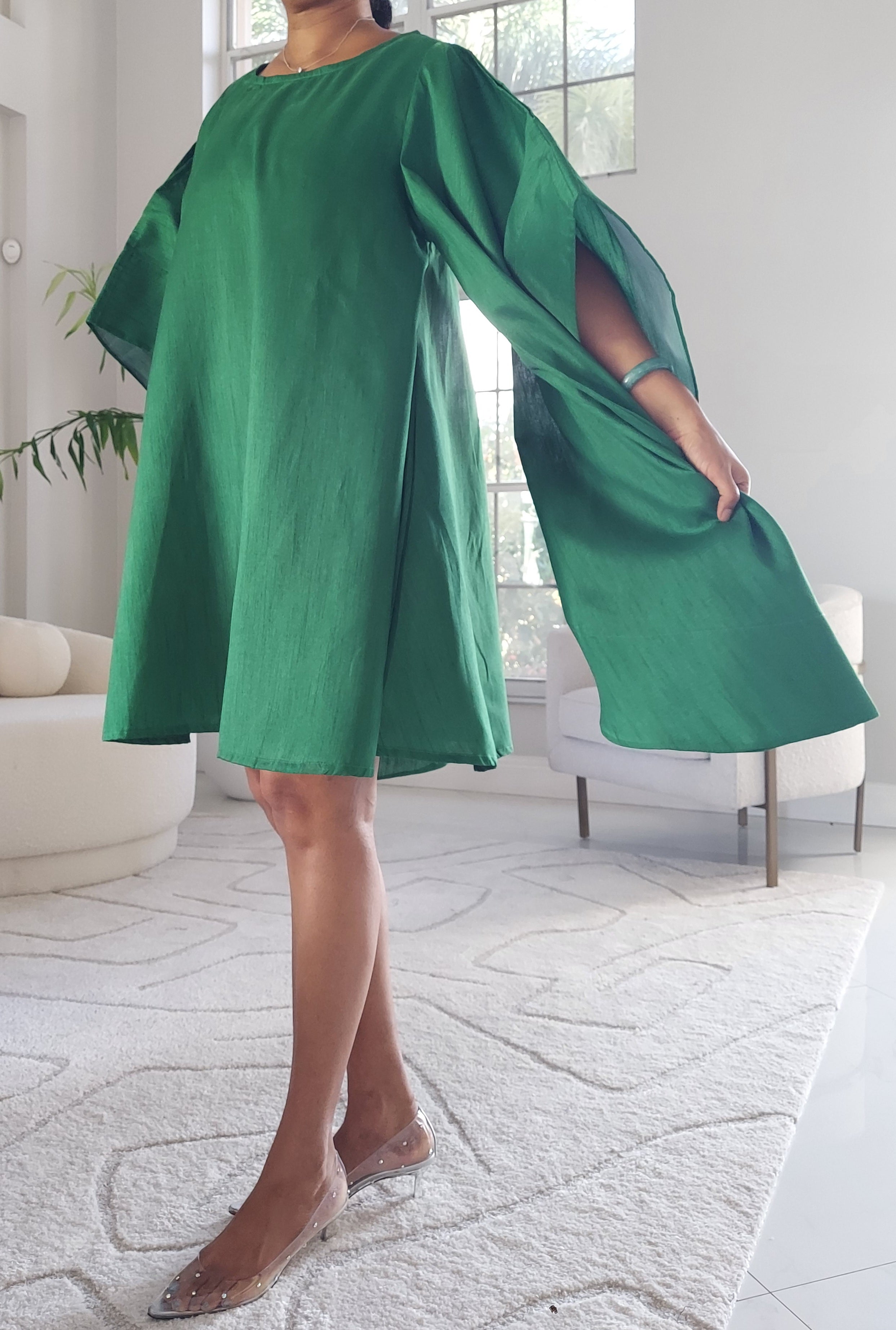 Faux Silk Wing Dress/Poncho Dress/ Wing Sleeves-Green