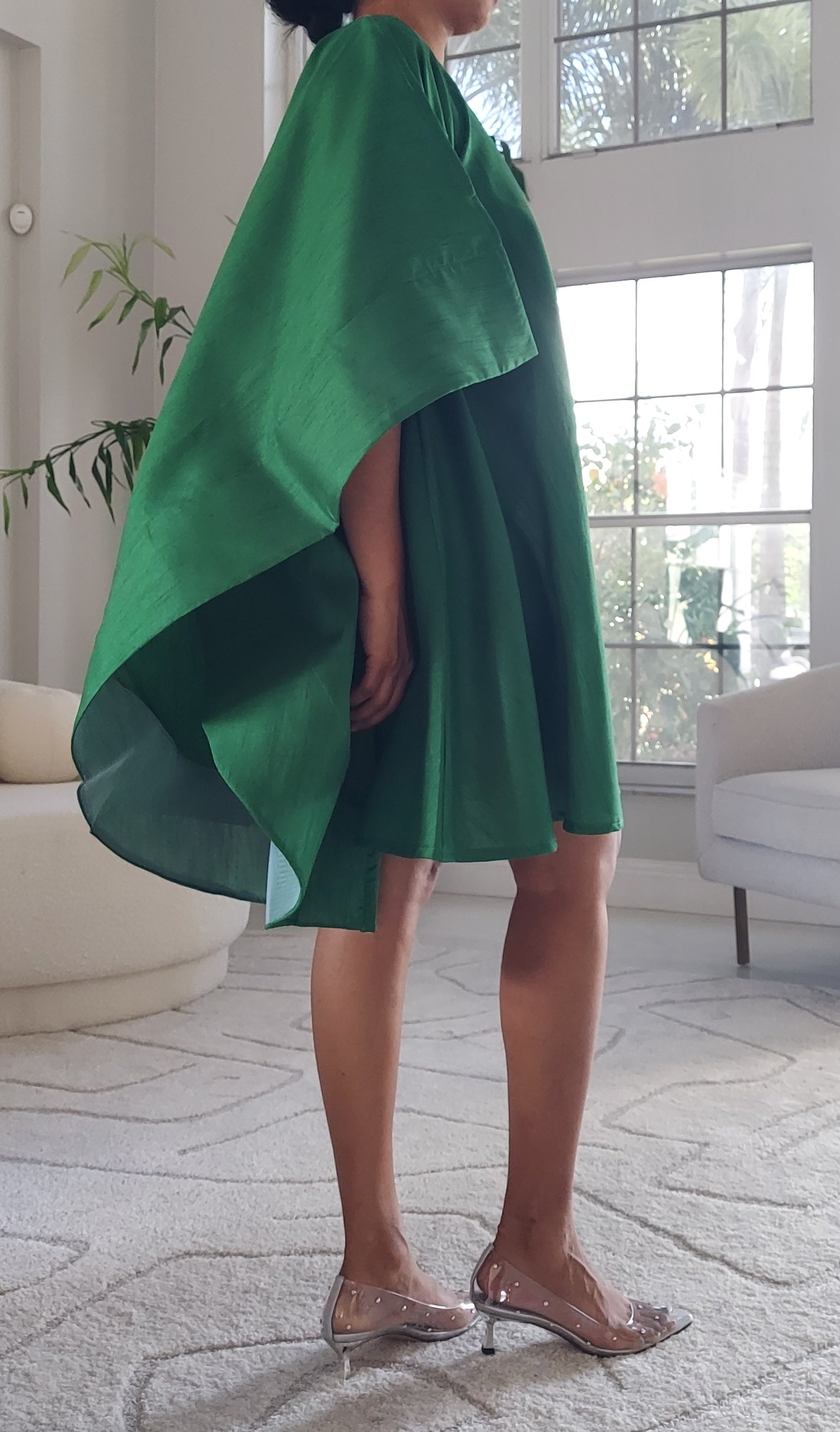 Wing Dress/Faux Silk/Poncho Dress/ Wing Sleeves-25032 Green