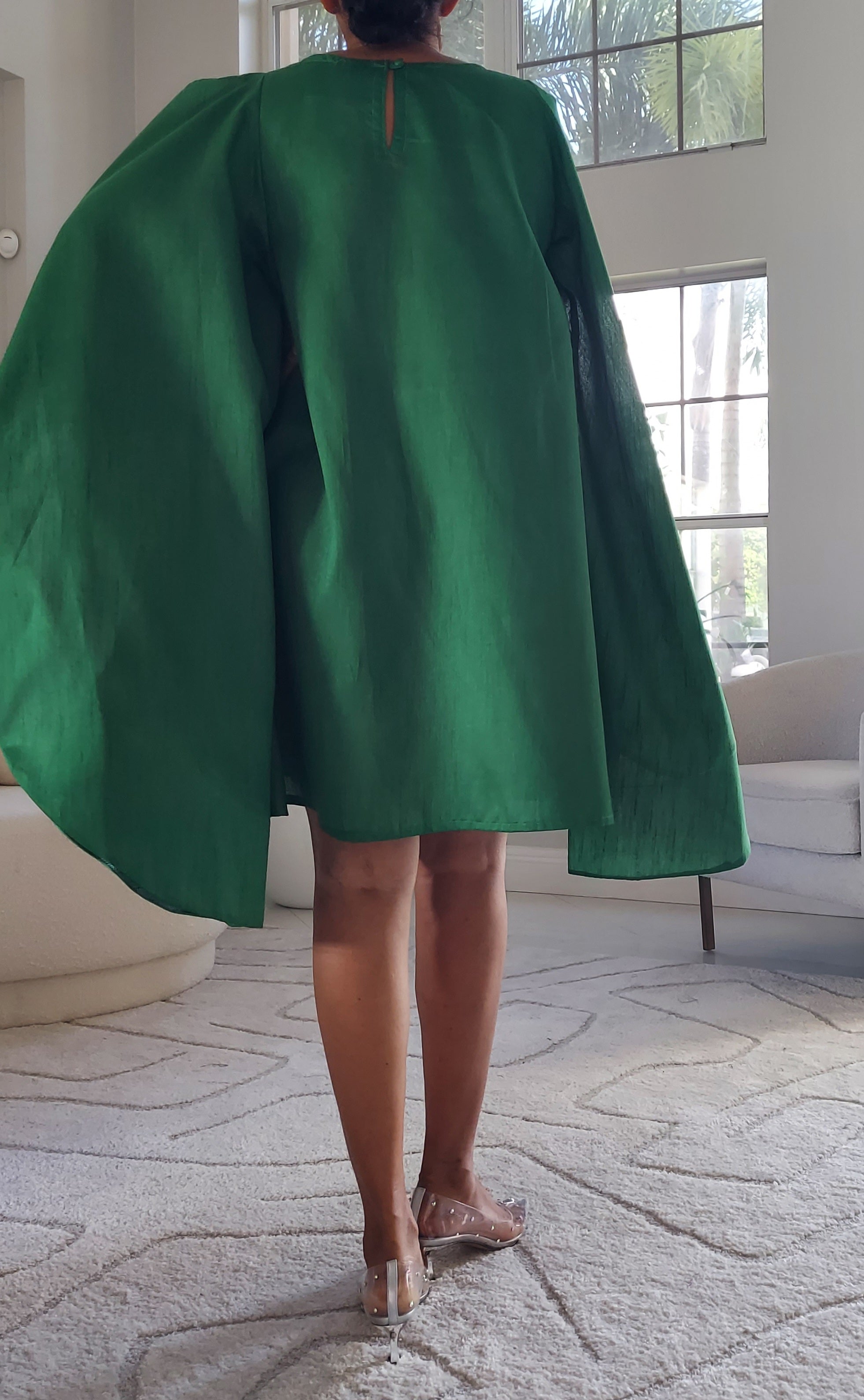 Faux Silk Wing Dress/Poncho Dress/ Wing Sleeves-Green