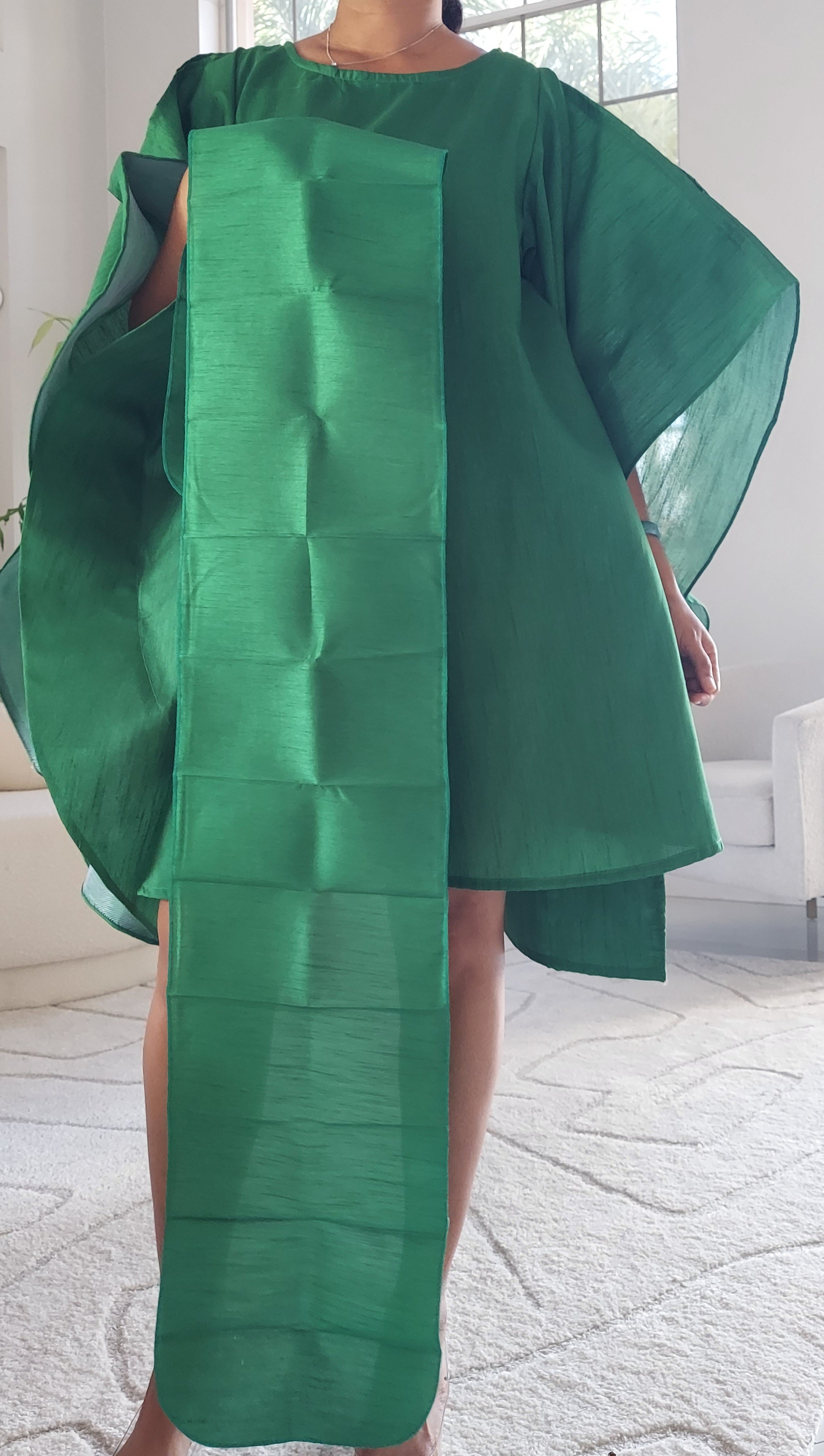 Faux Silk Wing Dress/Poncho Dress/ Wing Sleeves-Green