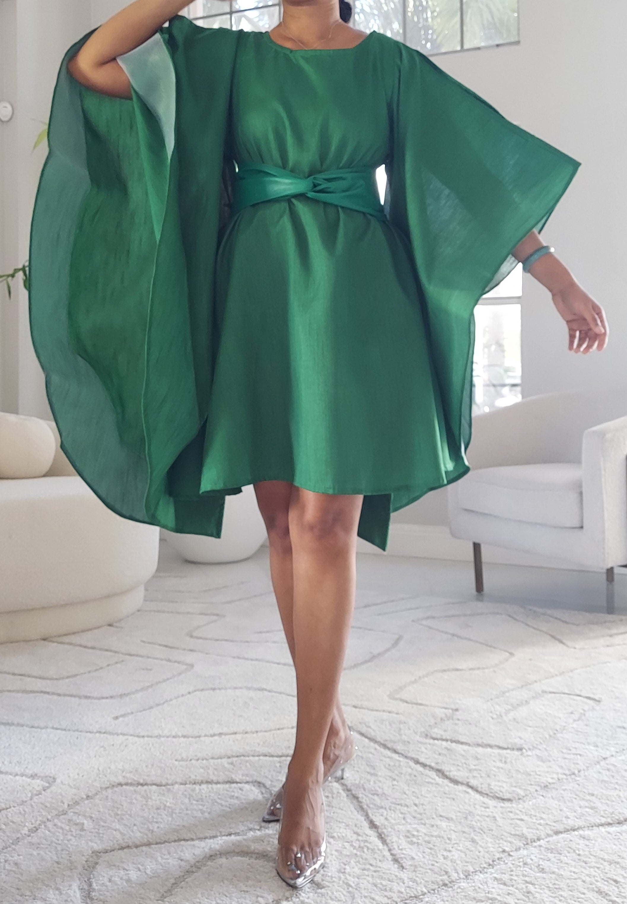 Faux Silk Wing Dress/Poncho Dress/ Wing Sleeves-Green