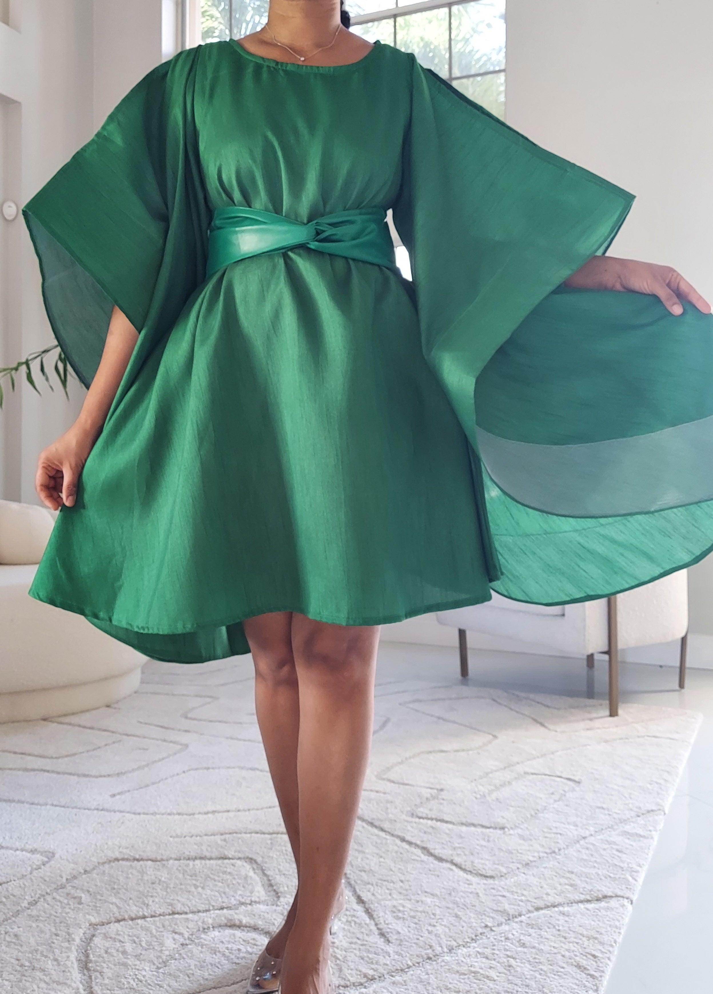 Faux Silk Wing Dress/Poncho Dress/ Wing Sleeves-Green