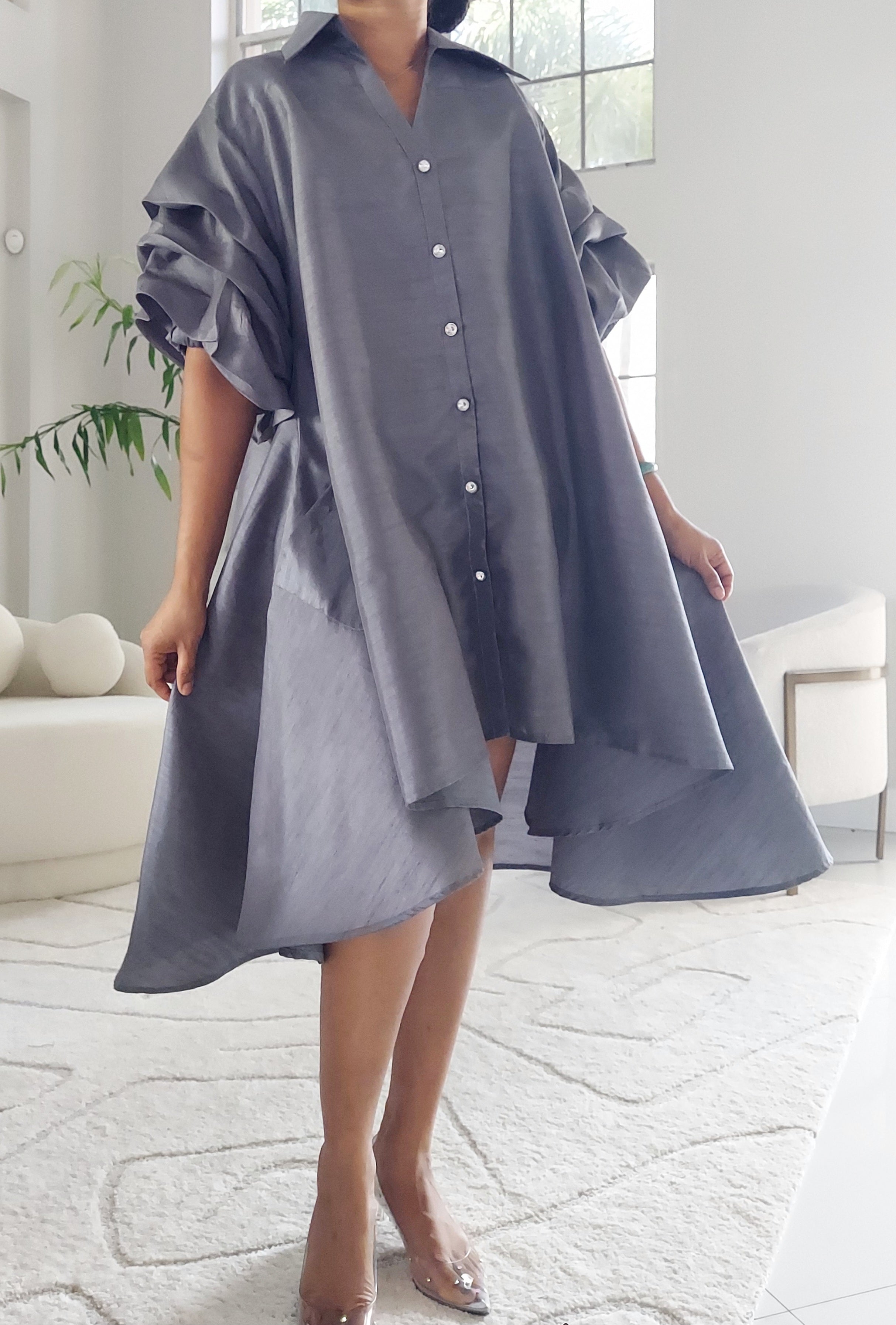 Swing Dress/ Faux Silk/ Ruffle Sleeve - Grey