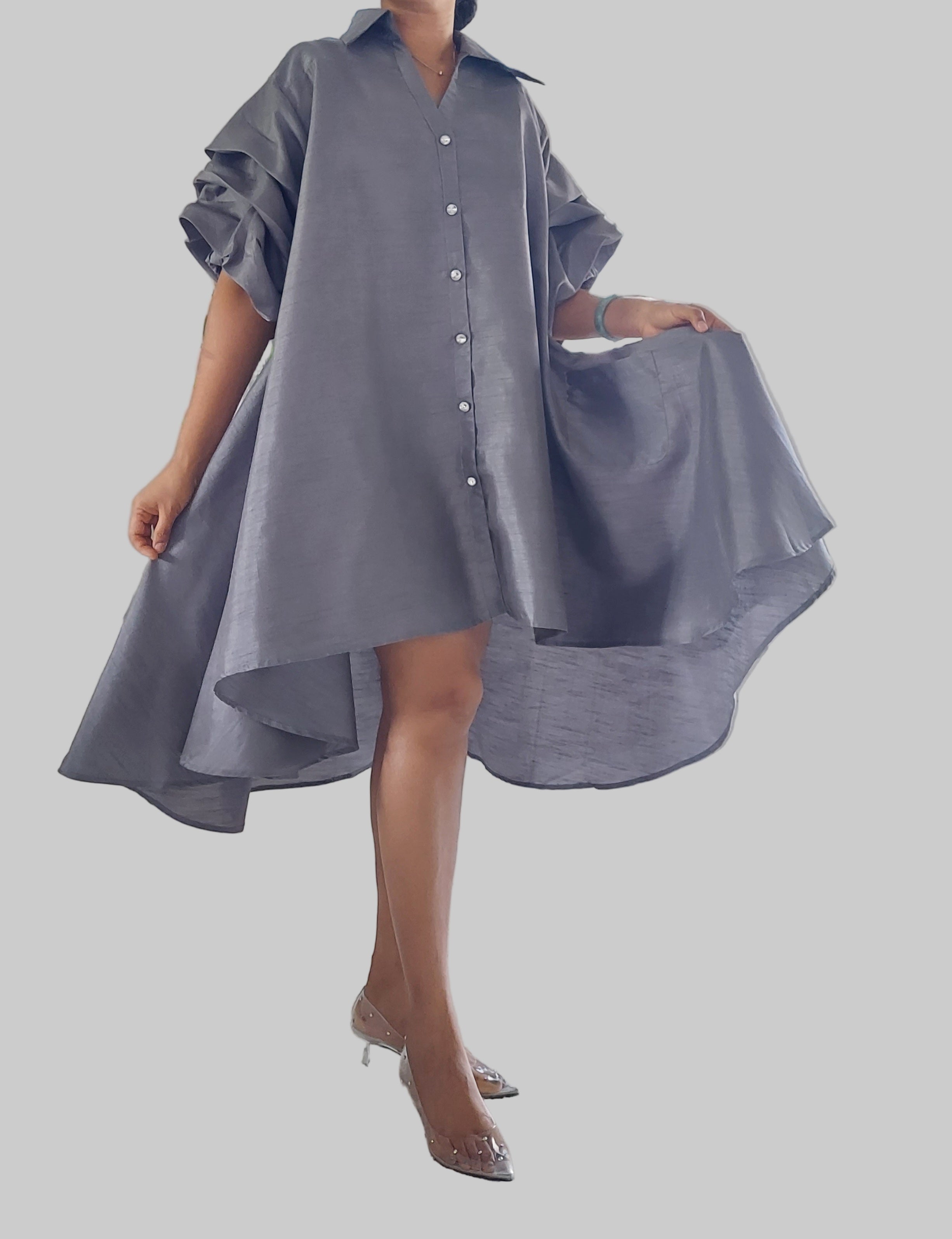 Swing Dress/ Faux Silk/ Ruffle Sleeve - Grey