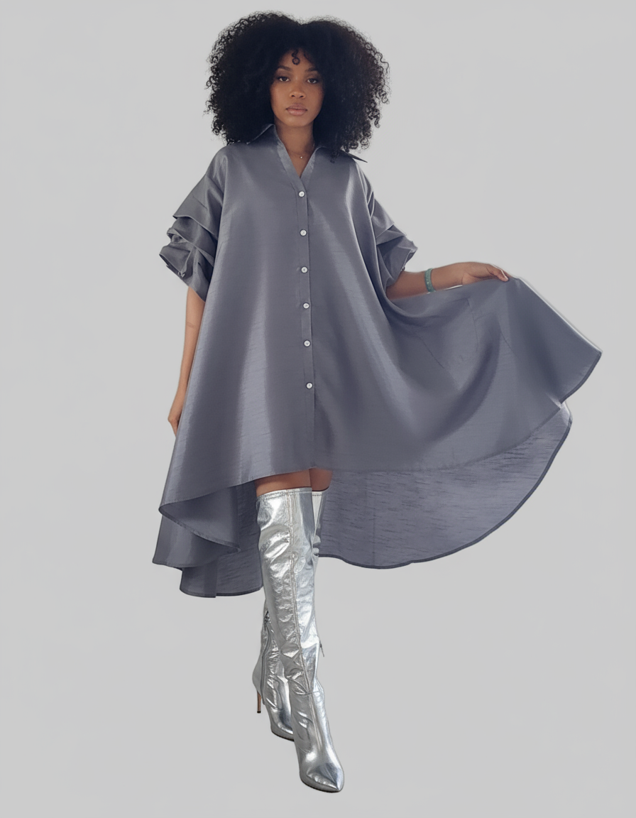 Swing Dress/ Faux Silk/ Ruffle Sleeve - Grey