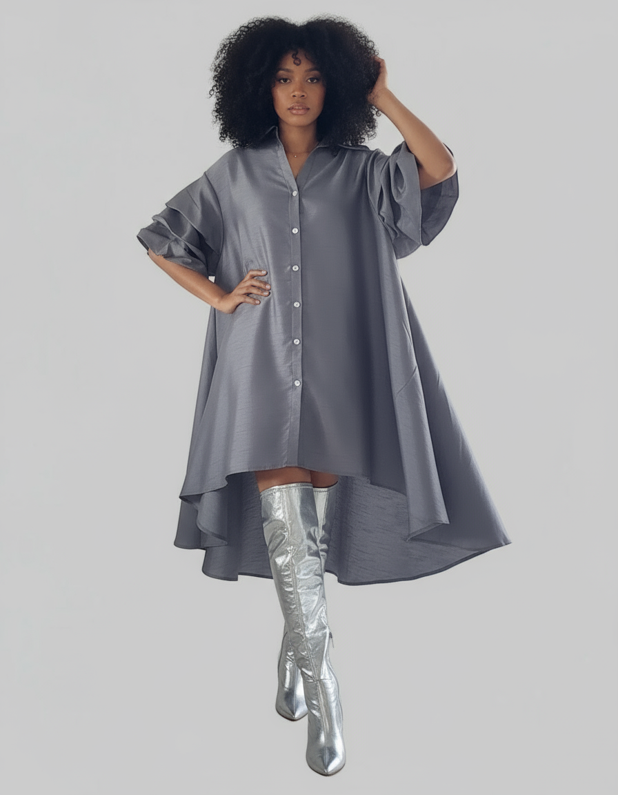 Swing Dress/ Faux Silk/ Ruffle Sleeve - Grey