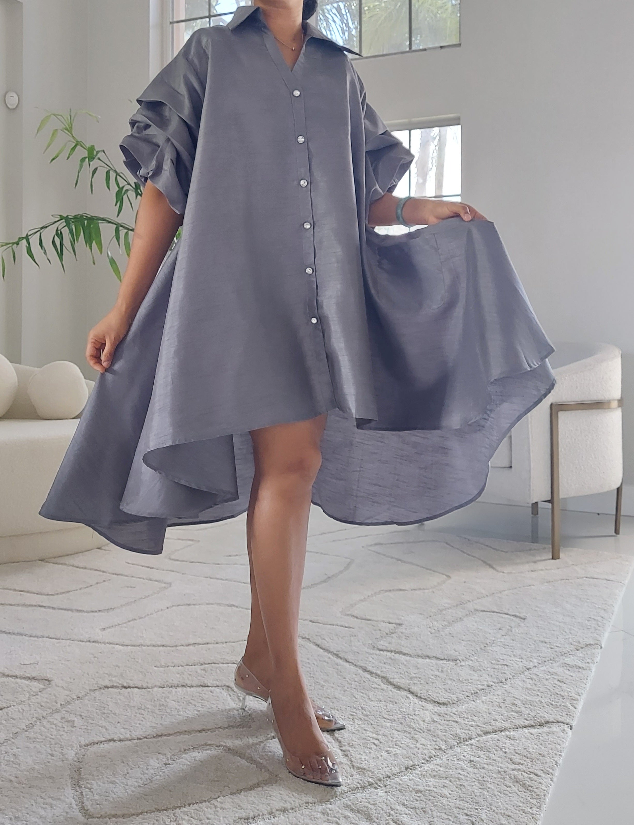 Swing Dress/ Faux Silk/ Ruffle Sleeve - Grey