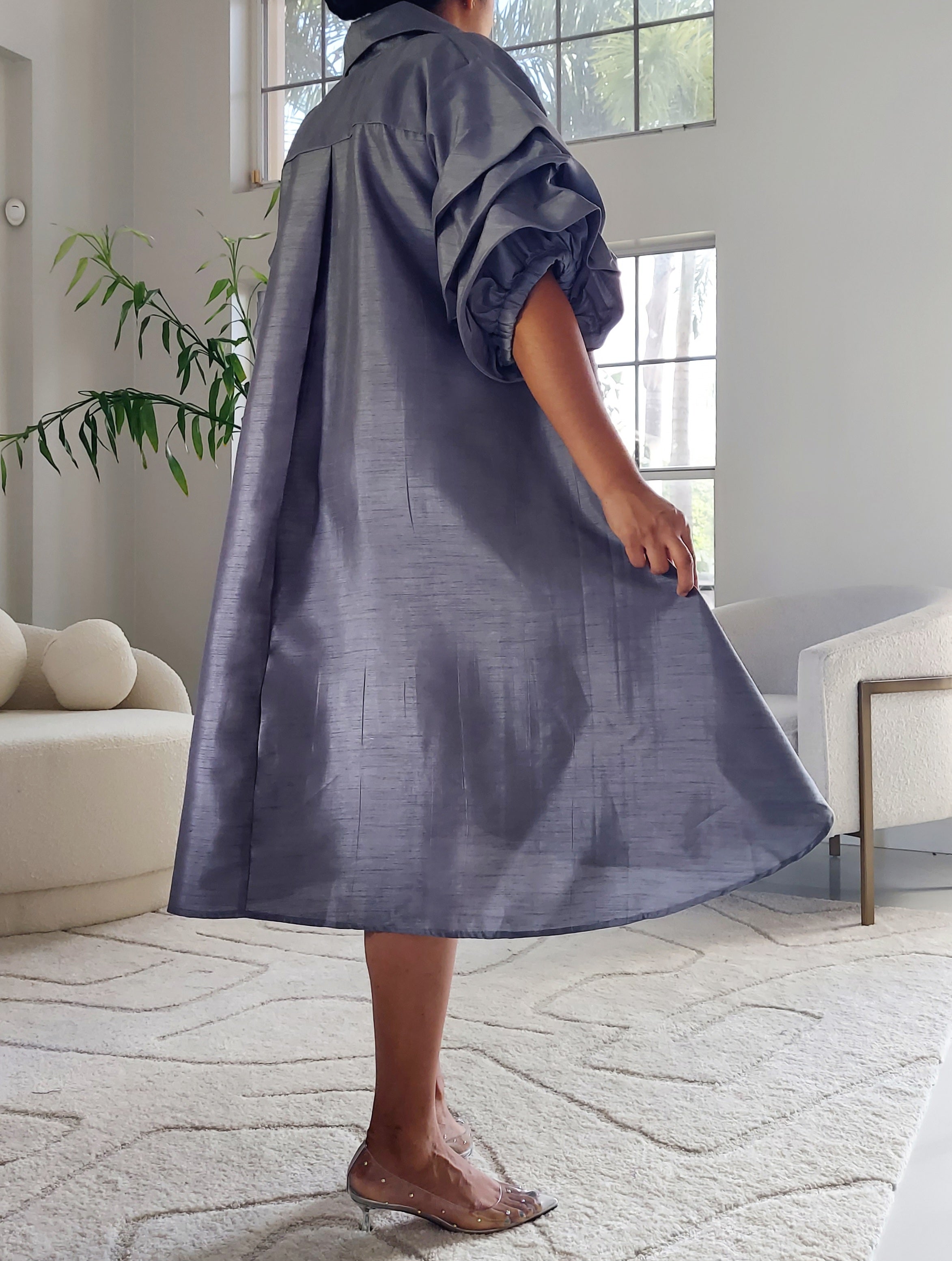 Swing Dress/ Faux Silk/ Ruffle Sleeve - Grey