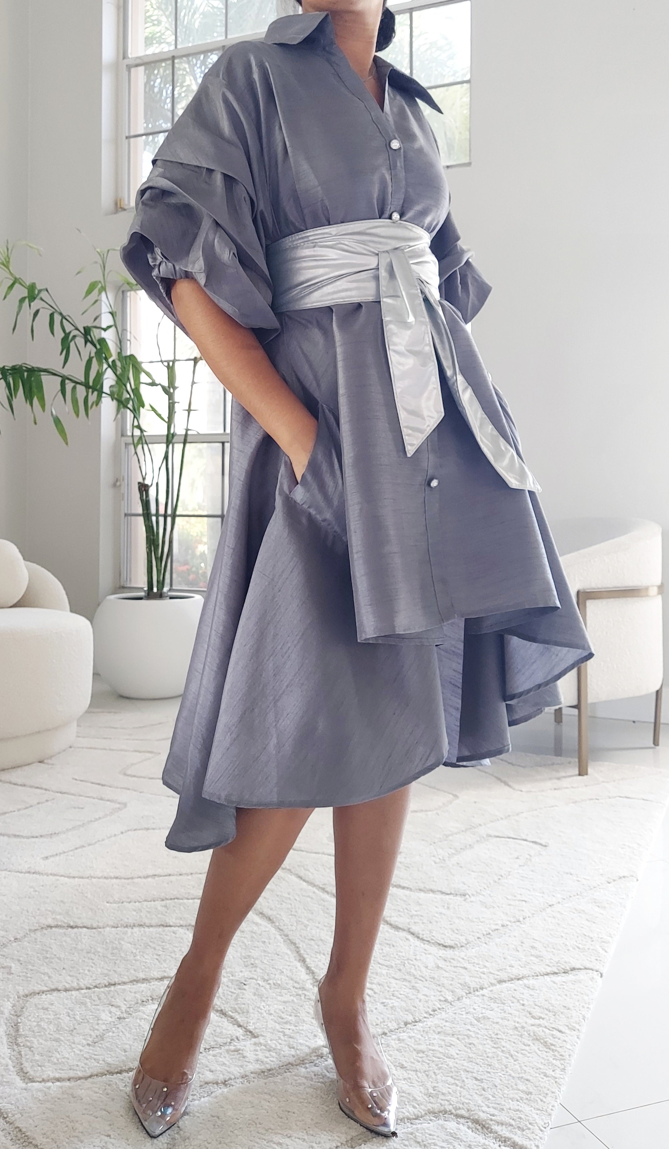 Swing Dress/ Faux Silk/ Ruffle Sleeve - Grey