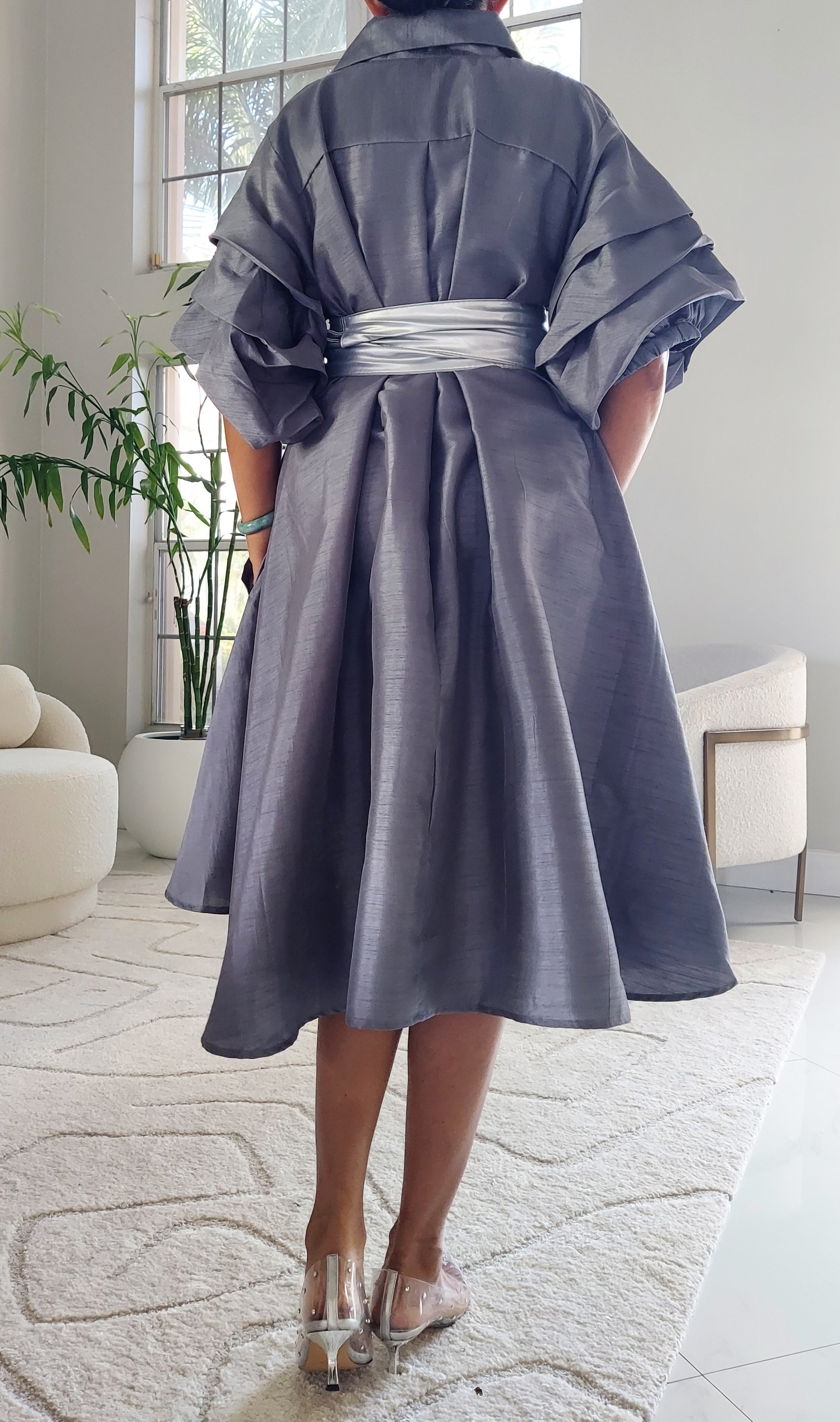 Swing Dress/ Faux Silk/ Ruffle Sleeve - Grey