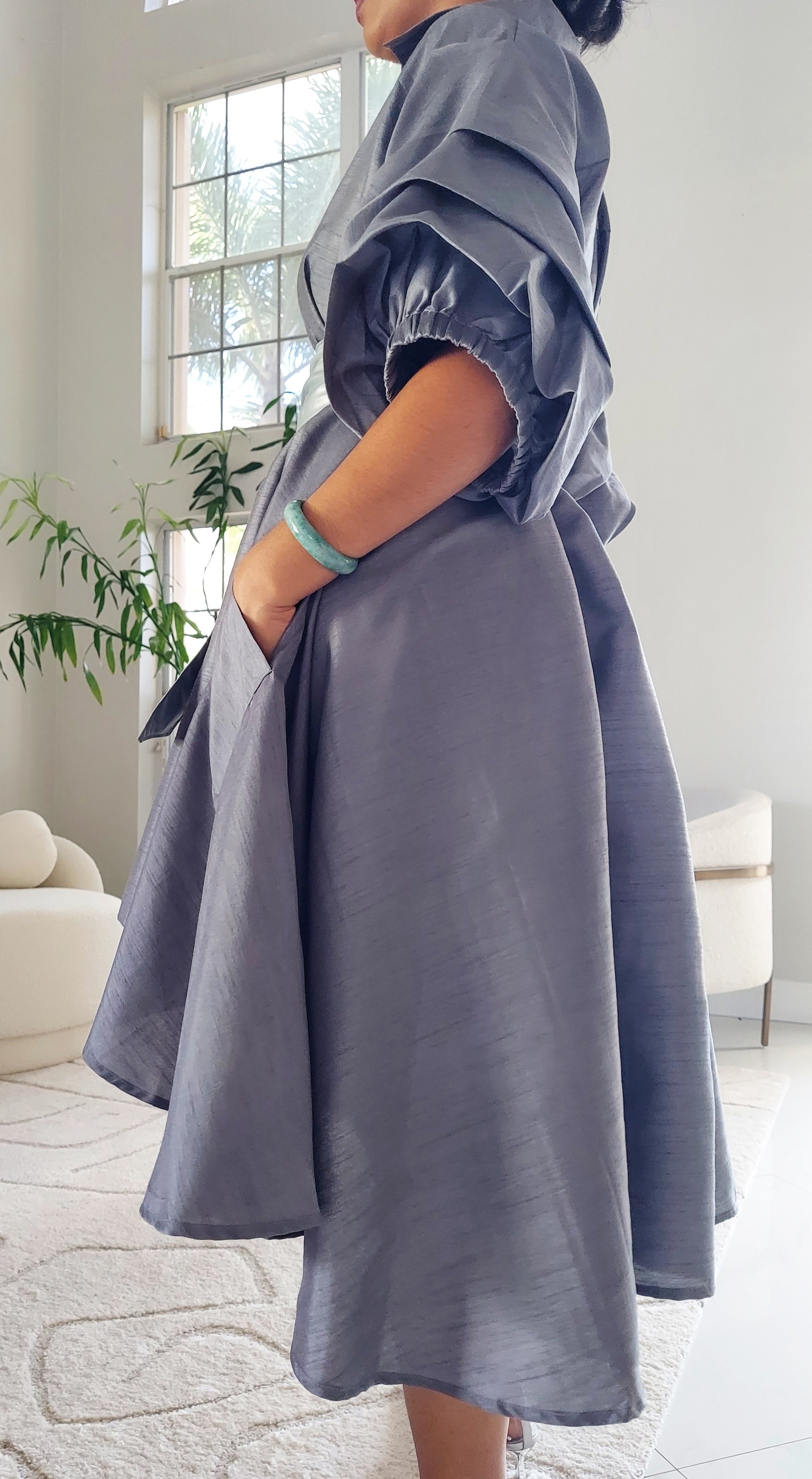Swing Dress/ Faux Silk/ Ruffle Sleeve - Grey