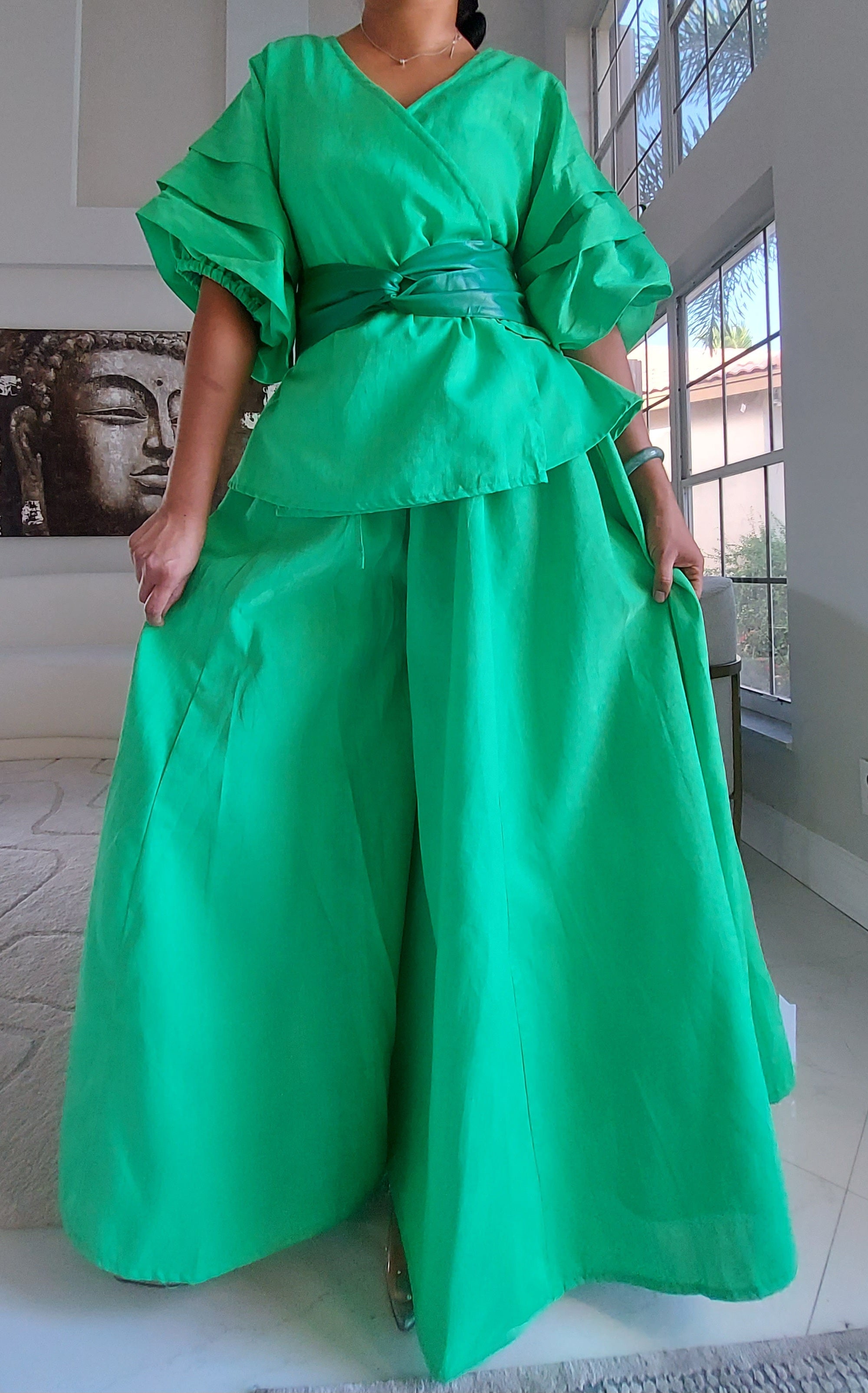 Faux Silk Palazzo Pant & Wrap Blouse Set -Green