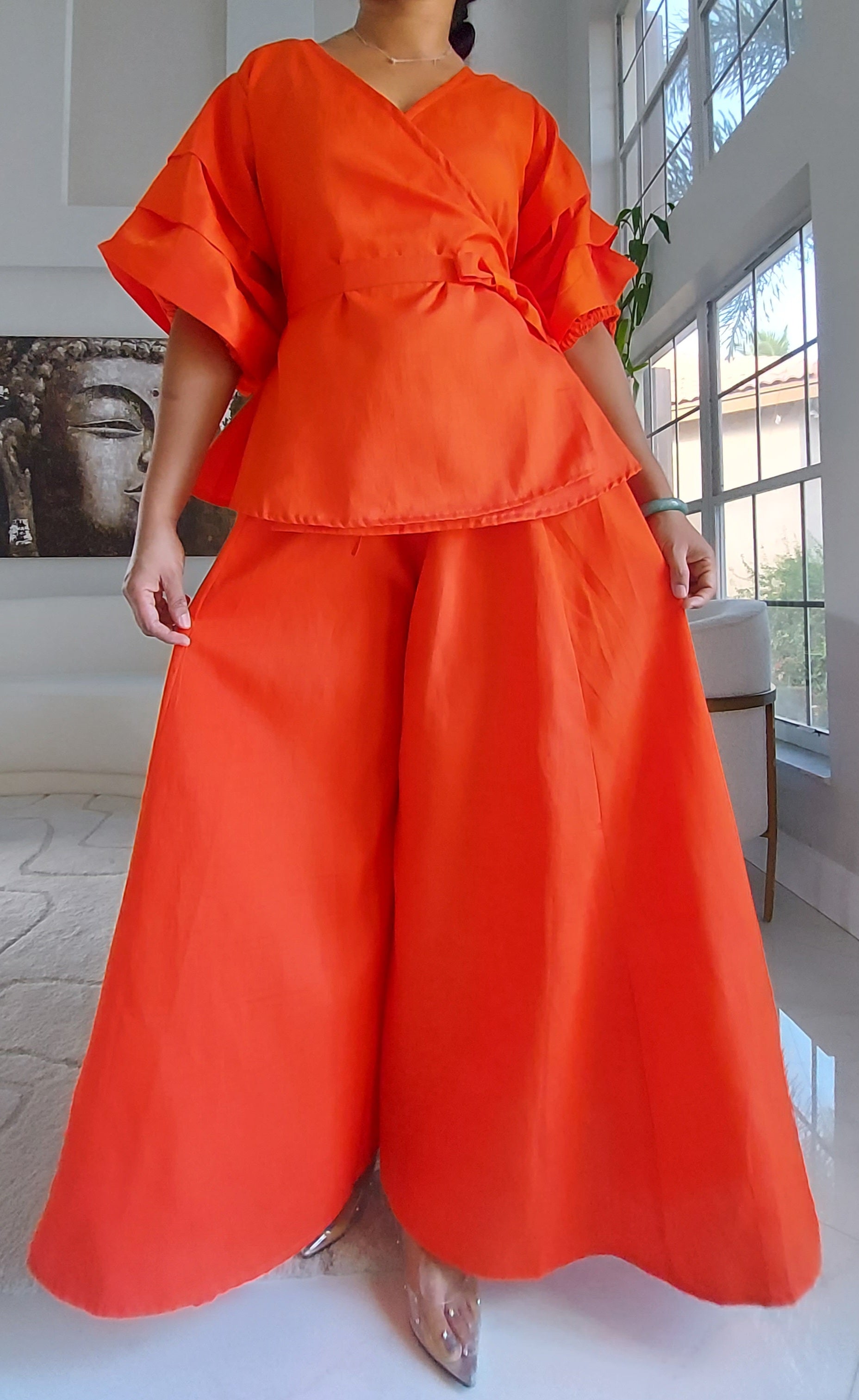 Faux Silk Palazzo Pant & Wrap Blouse Set -Orange