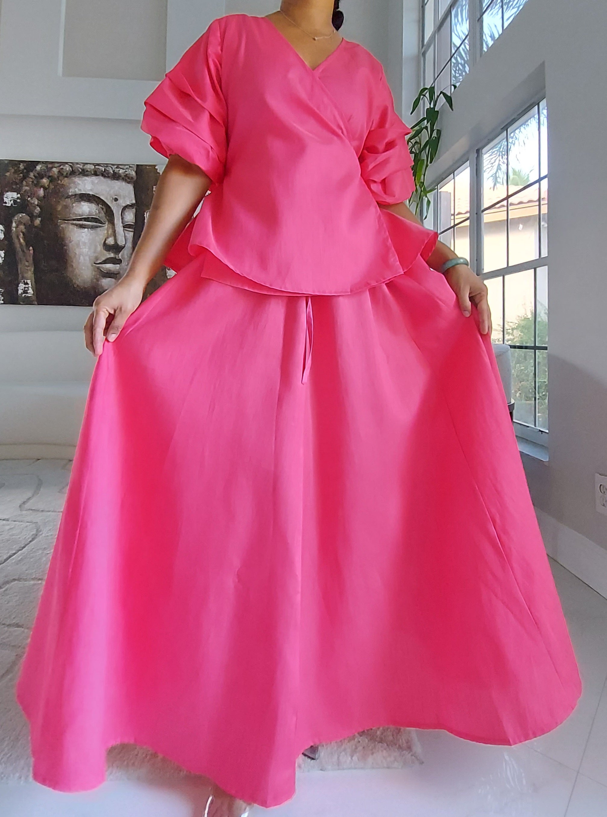 Faux Silk Long Skirt & Wrap Blouse Set - Fuchsia