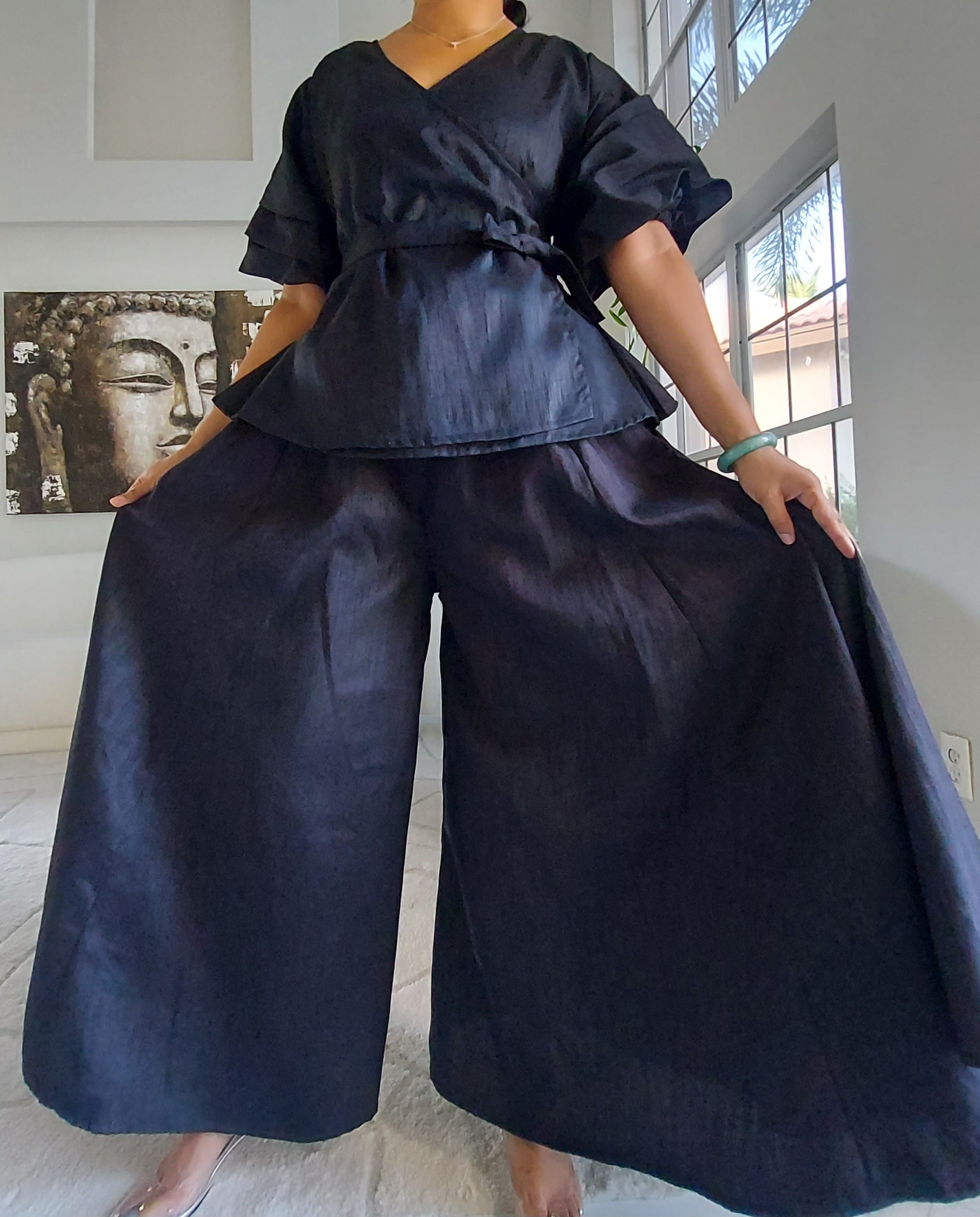 Faux Silk Palazzo Pant & Wrap Blouse Set -Black