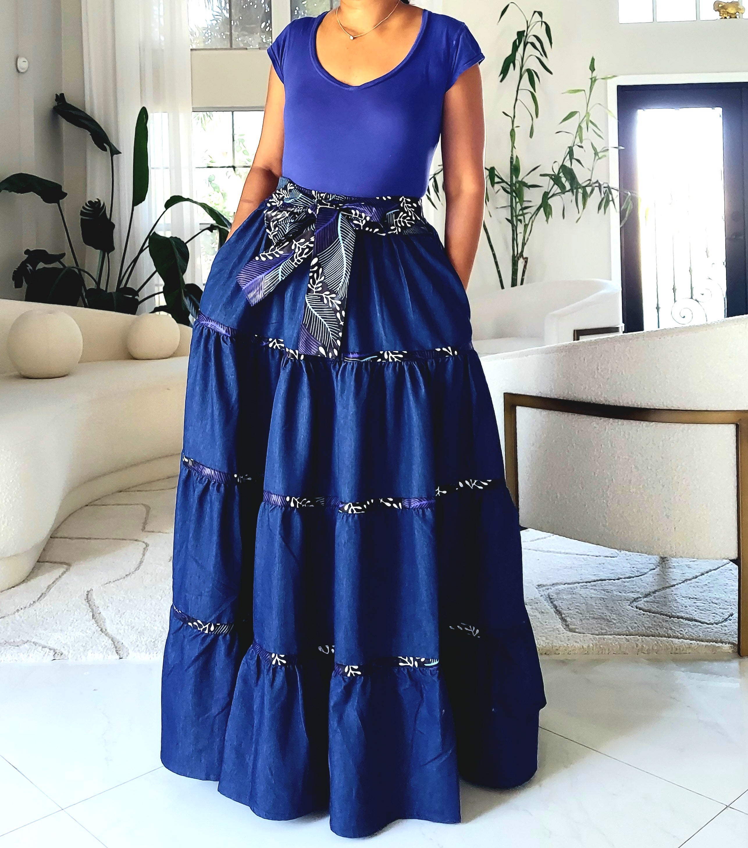 7003 Long Flared Tiered Skirt- Blue/Denim