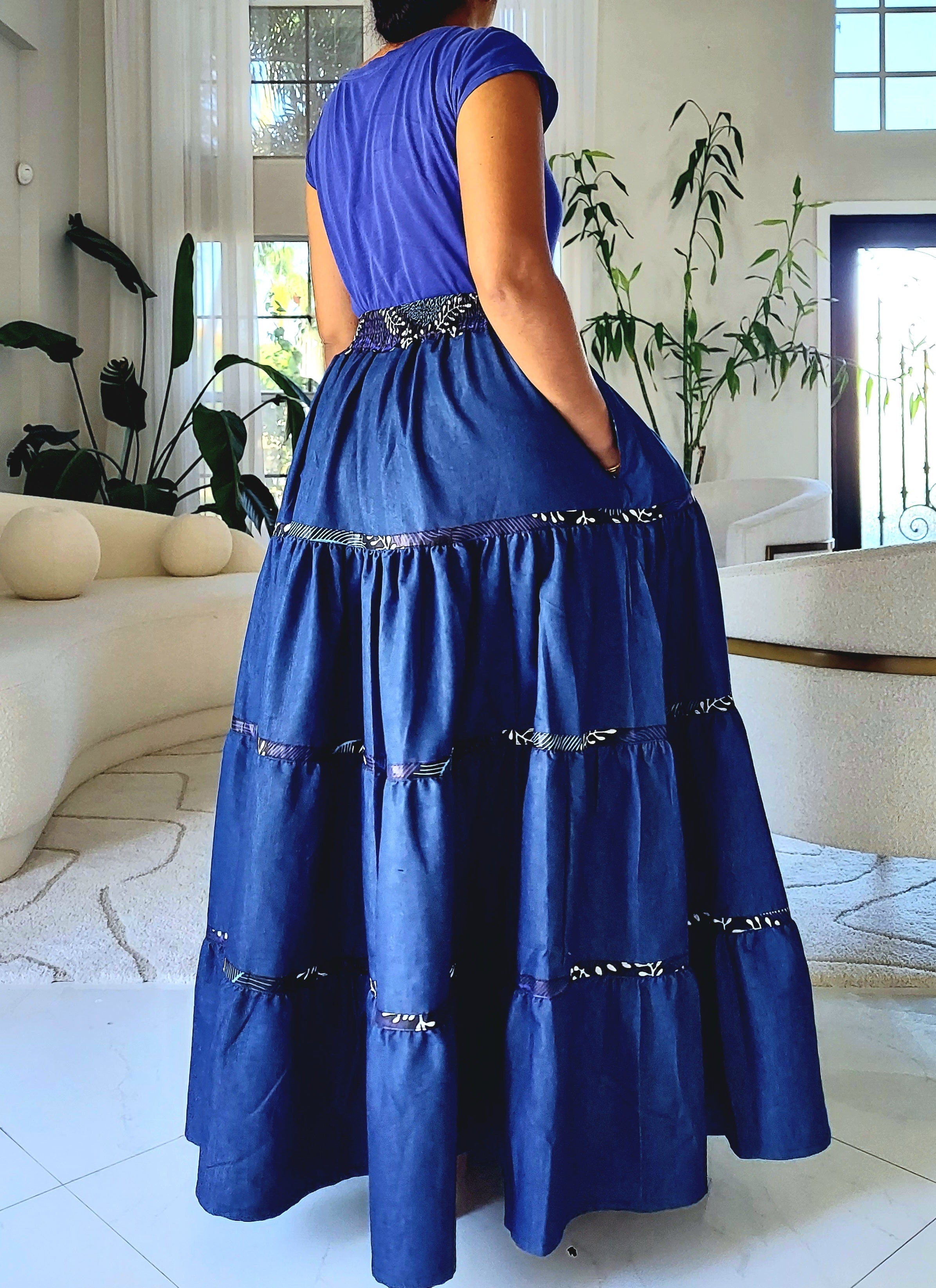 7003 Long Flared Tiered Skirt- Blue/Denim