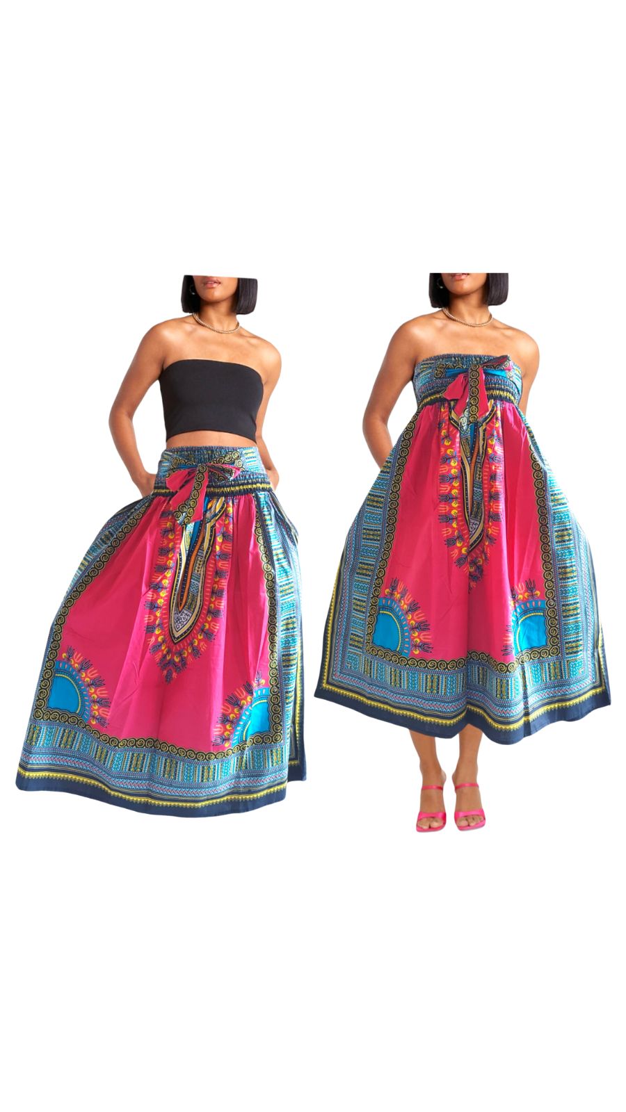 31DSK -  Long Smock Waist Skirt - Traditional Dashiki Print