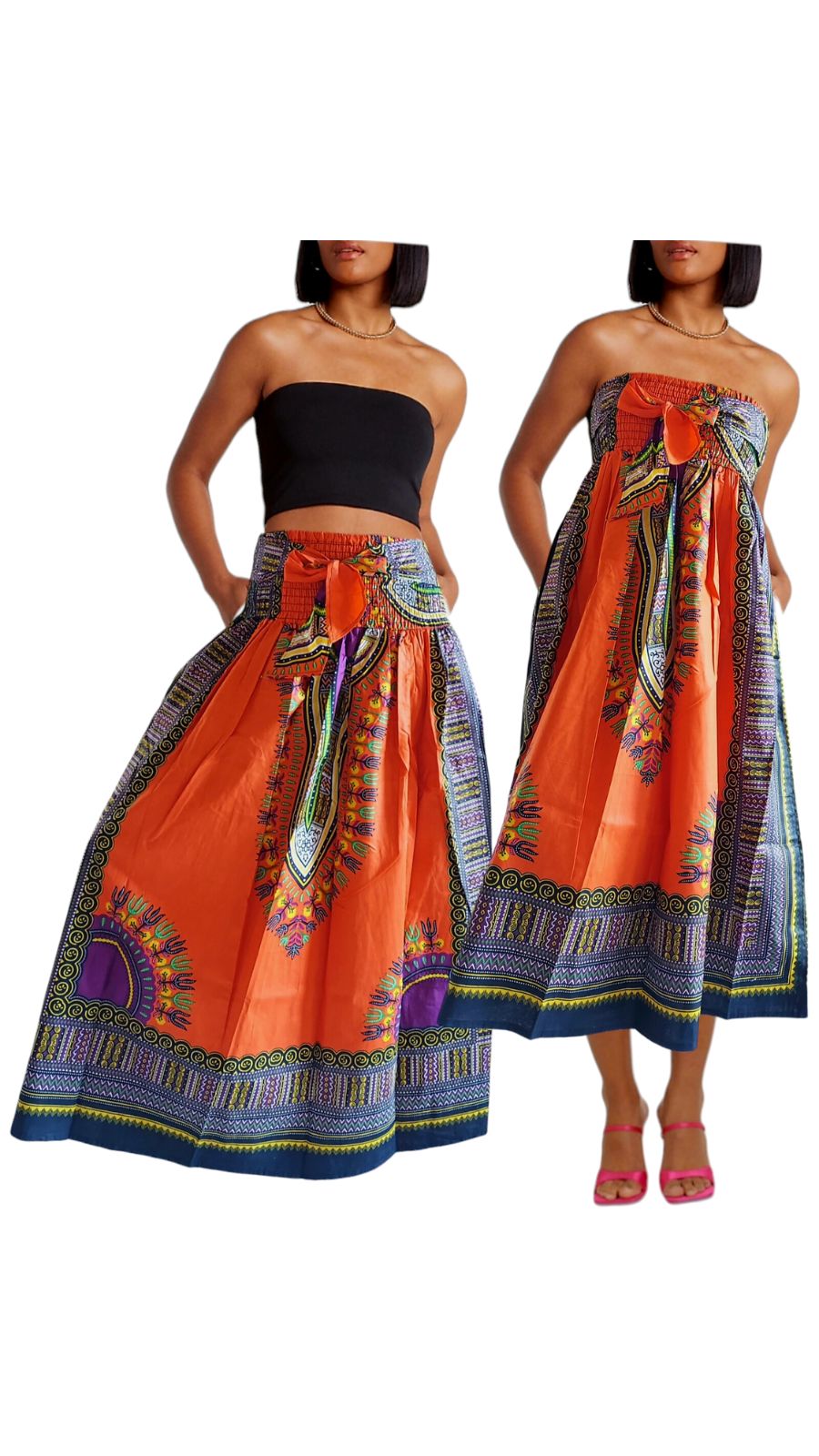 31DSK -  Long Smock Waist Skirt - Traditional Dashiki Print