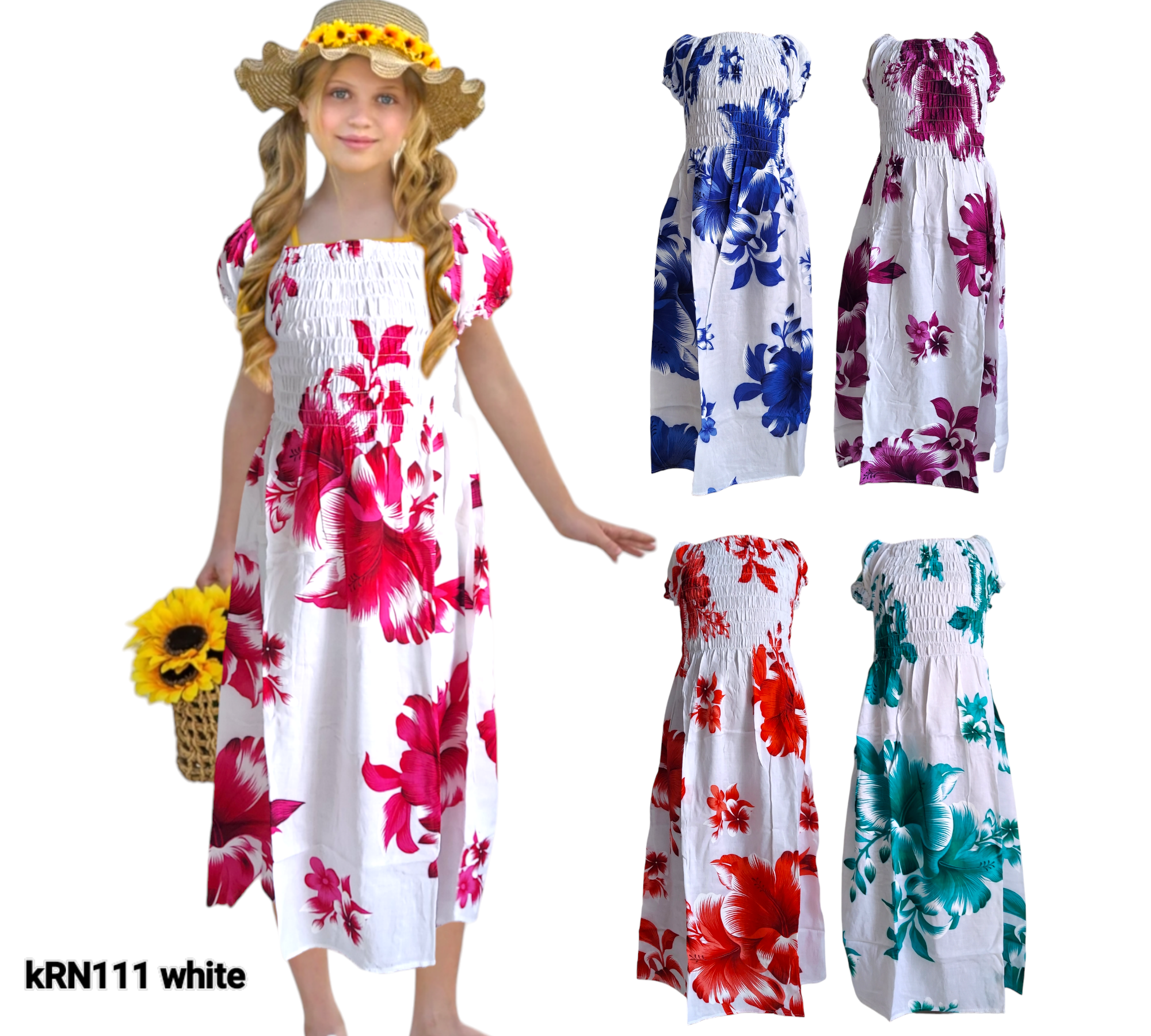 Kids/ Girls Hawaiian Dress - White KRN111