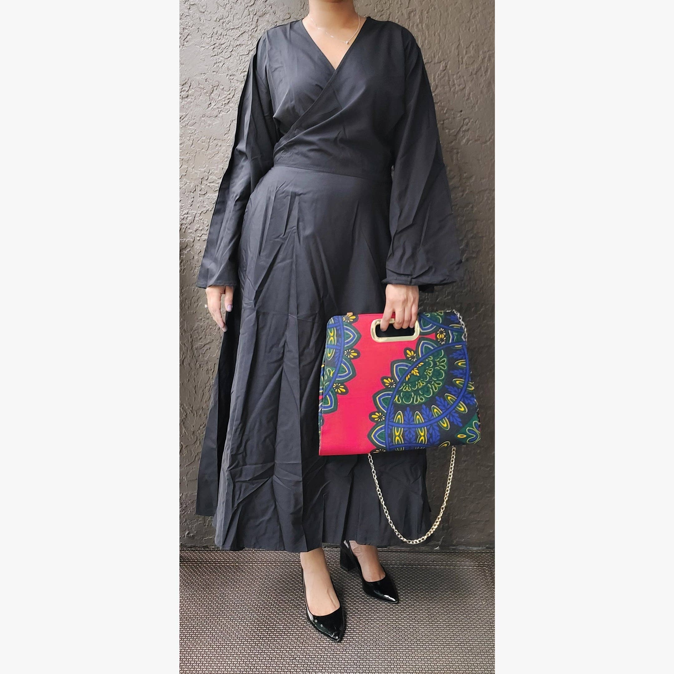 Long Wrap Dress / Long Bell Sleeves/ Solid- Black