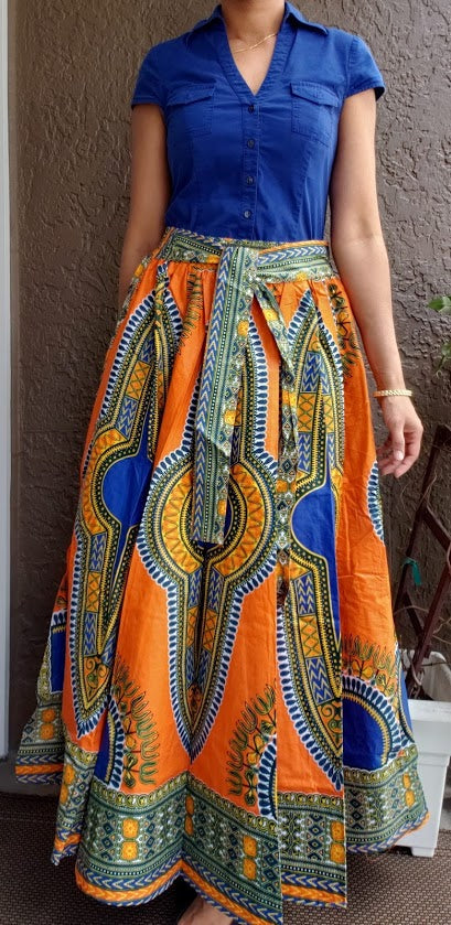 7001 Women Long Maxi Skirt- Orange Dashiki