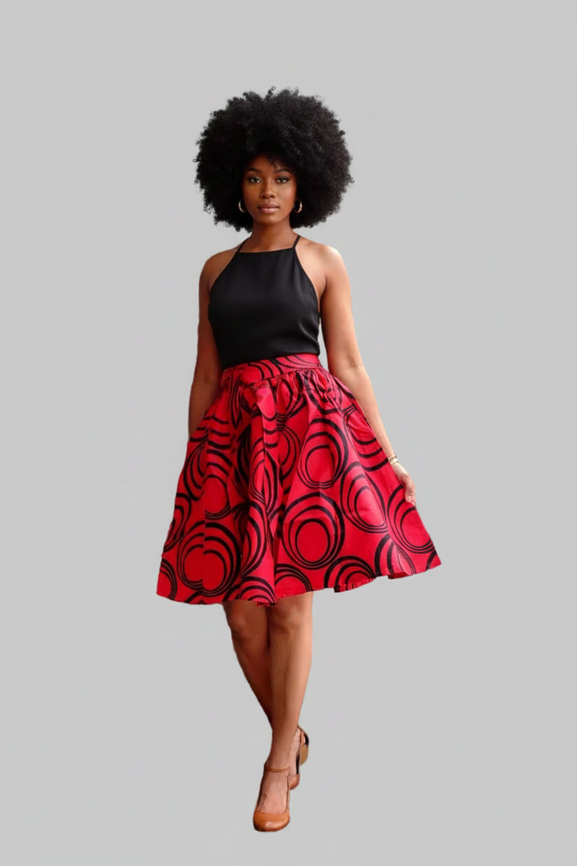 #7008 Short Printed  Skirt- Red/White