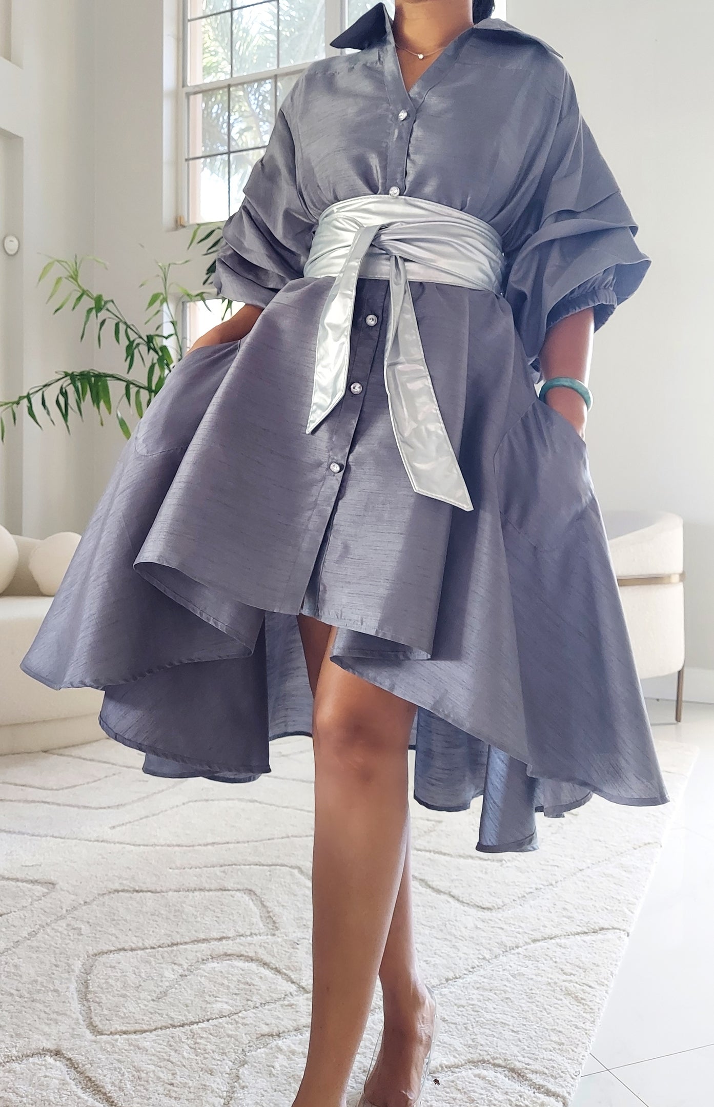 Swing Dress/ Faux Silk/ Ruffle Sleeve - Grey