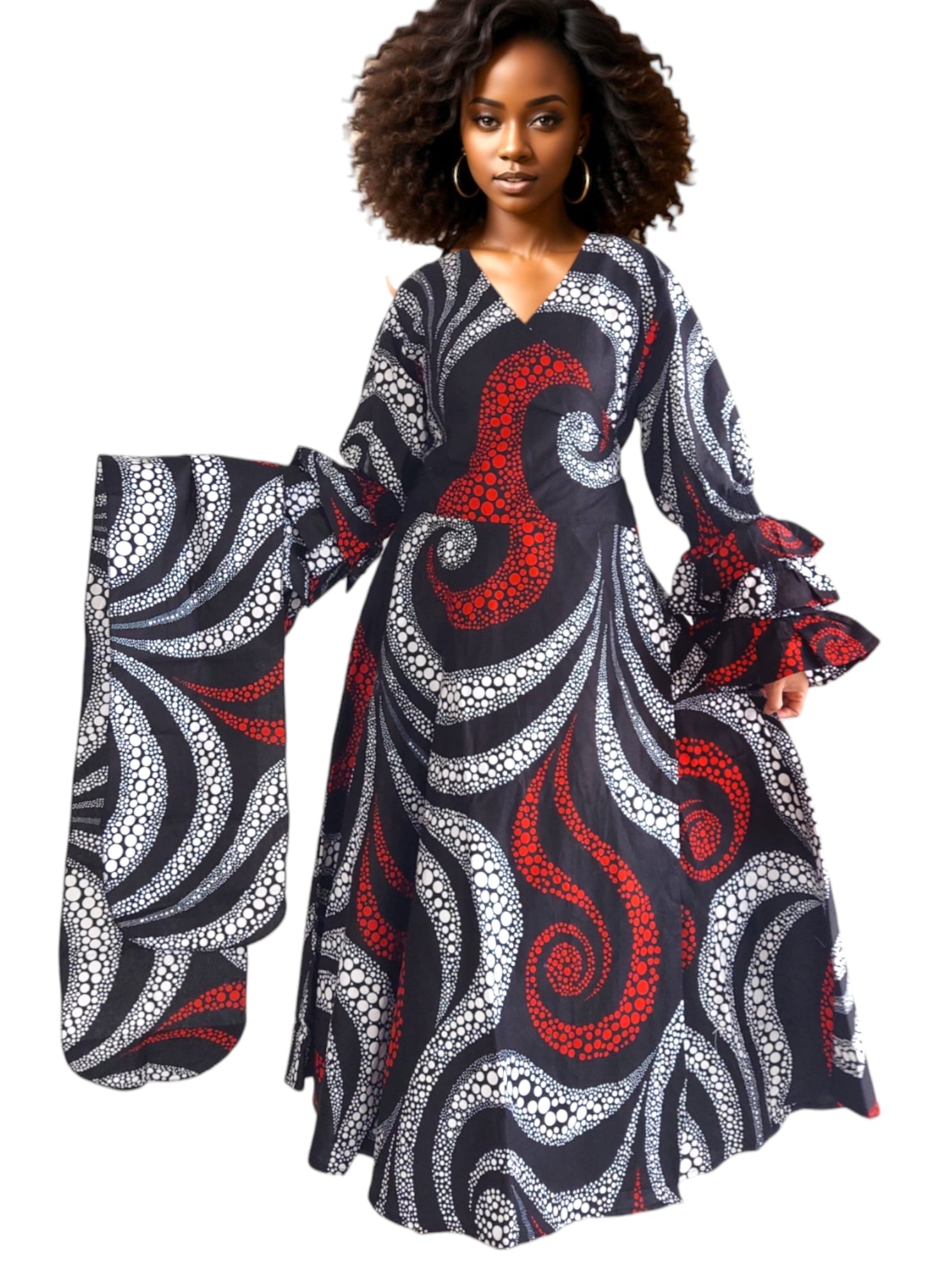 70-Woman's Long African Print Wrap Dress- Spiral Print