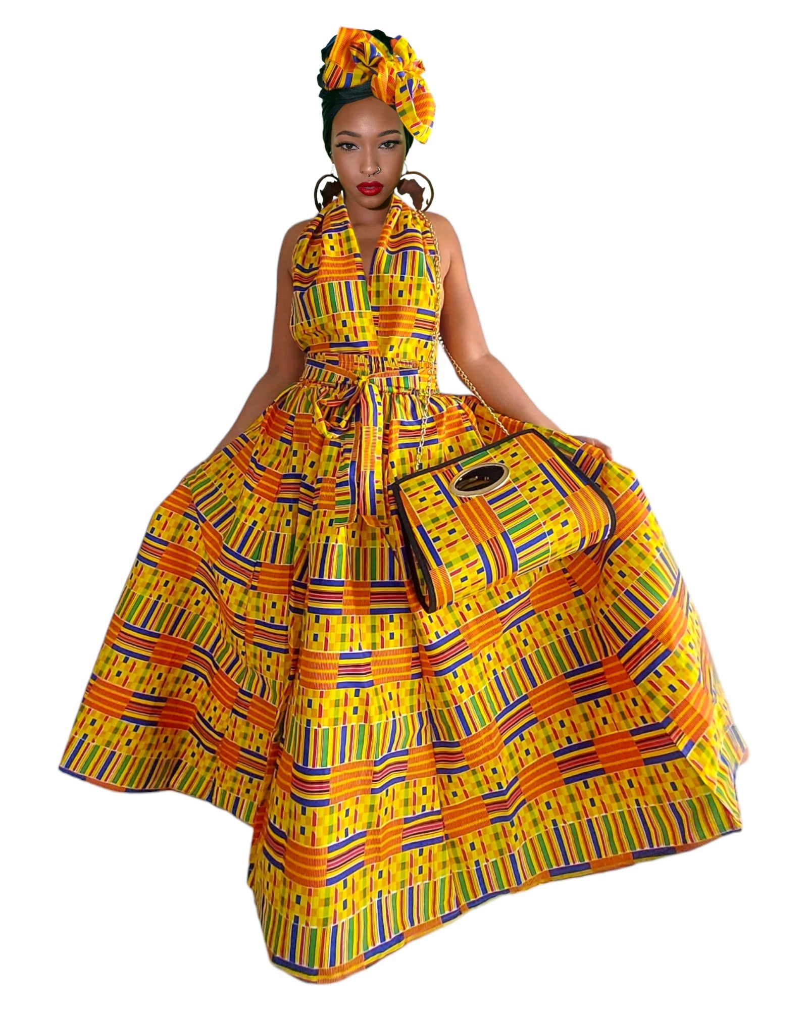 Wrap Dress /  Maxi Skirt / Pocketbook Combo Set- Yellow Kente 3B