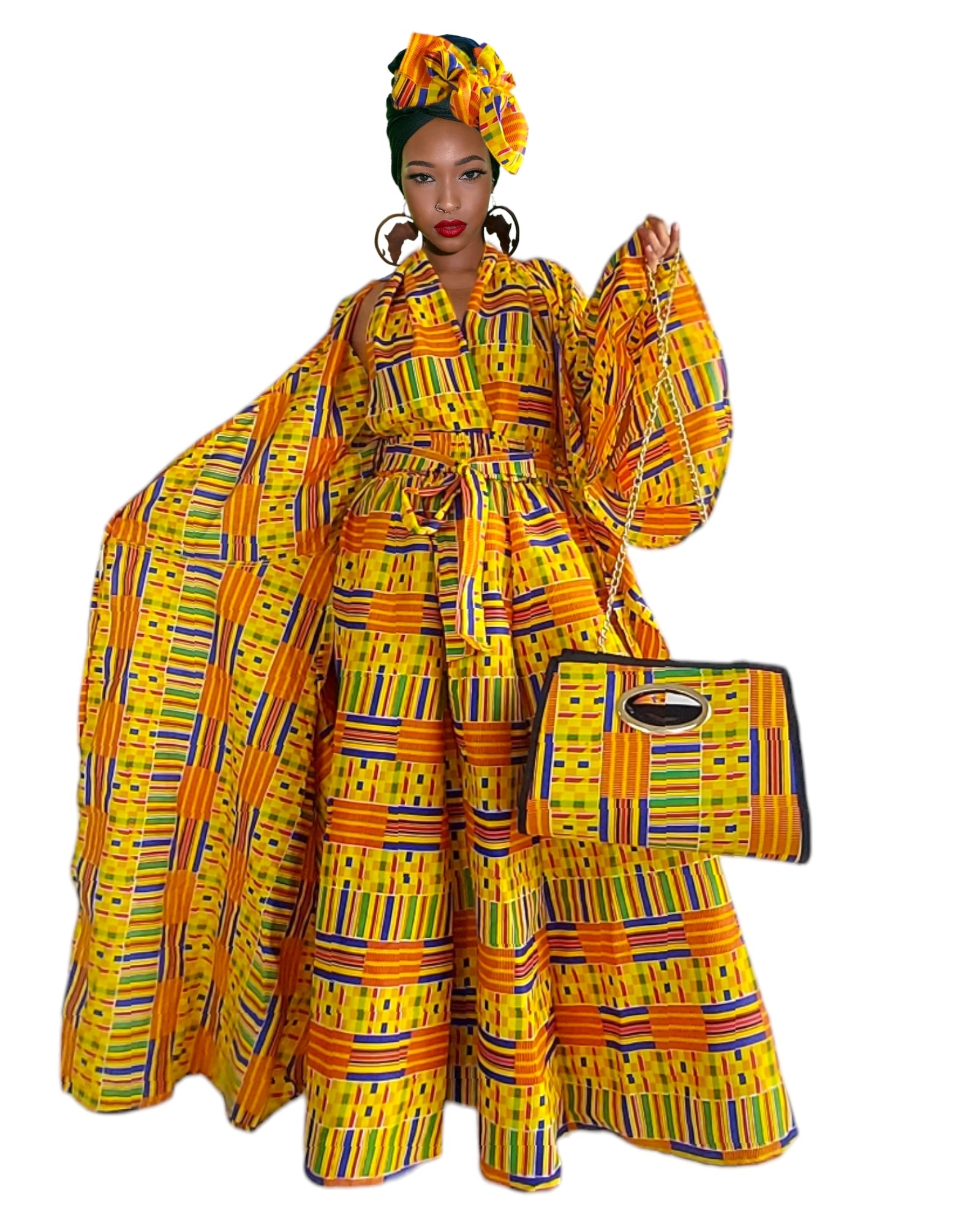 Wrap Dress /  Maxi Skirt / Pocketbook Combo Set- Yellow Kente