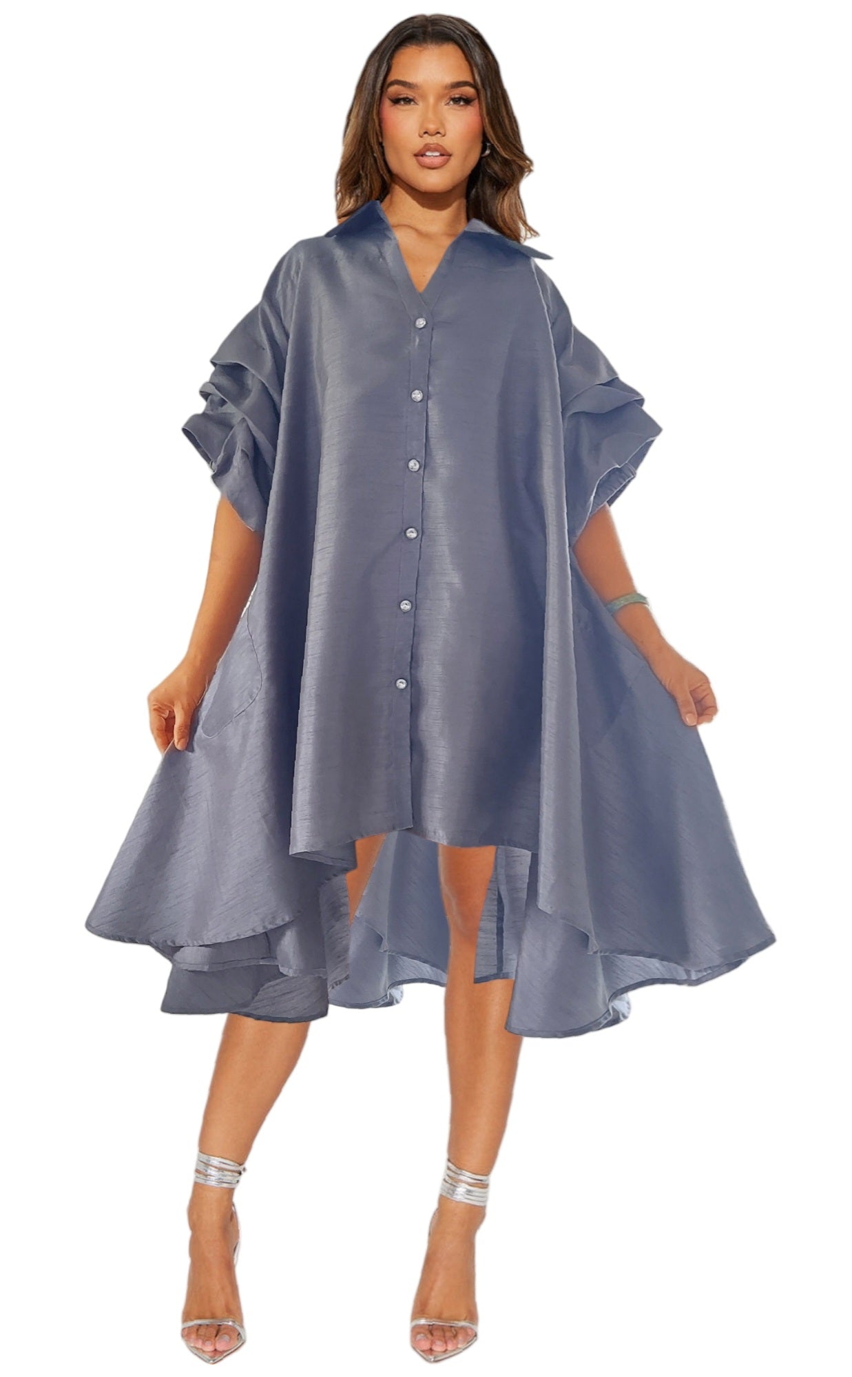 Swing Dress/ Faux Silk/ Ruffle Sleeve - Grey