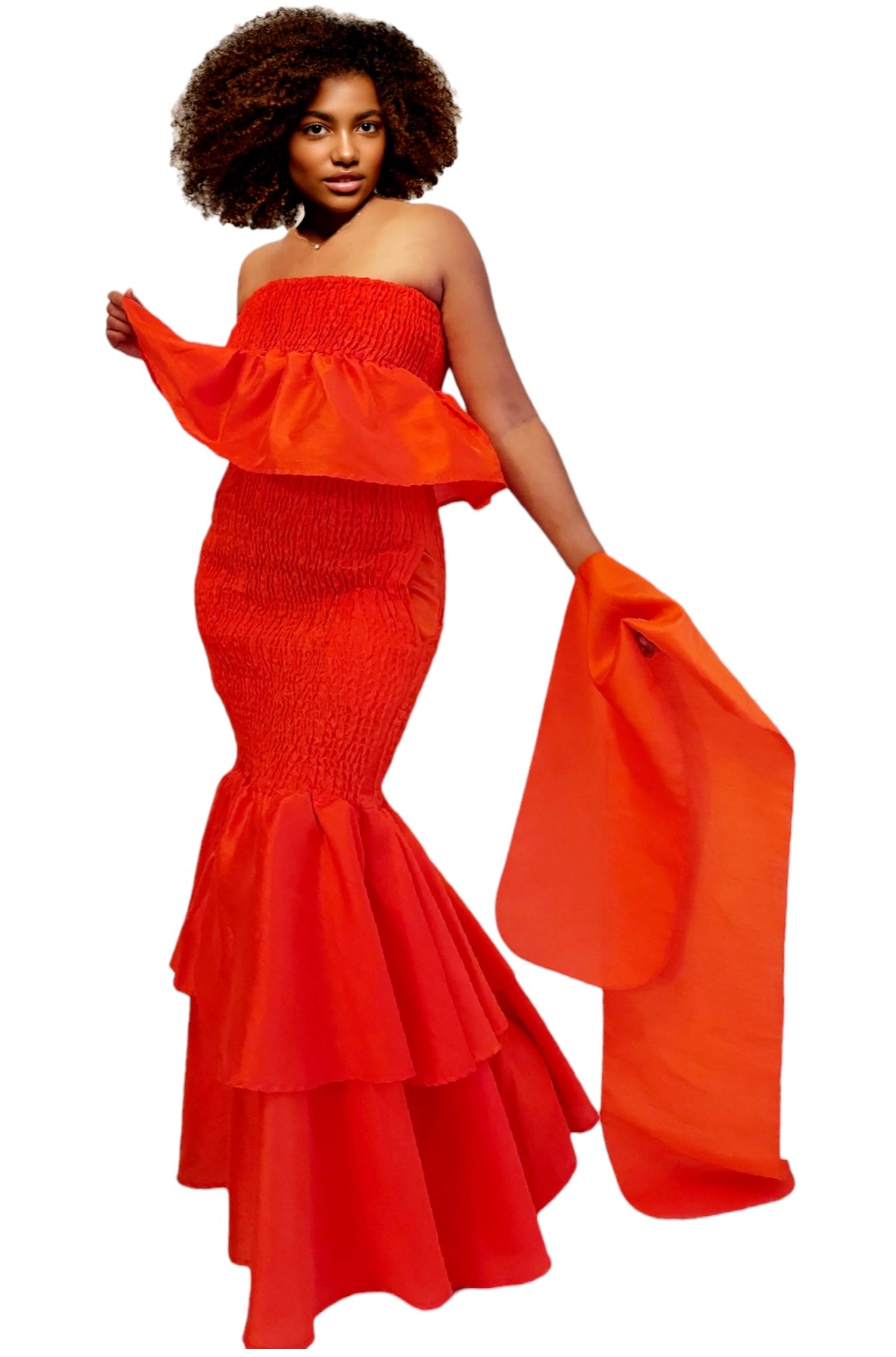 2289 Faux Silk Smock Mermaid Dress - Orange