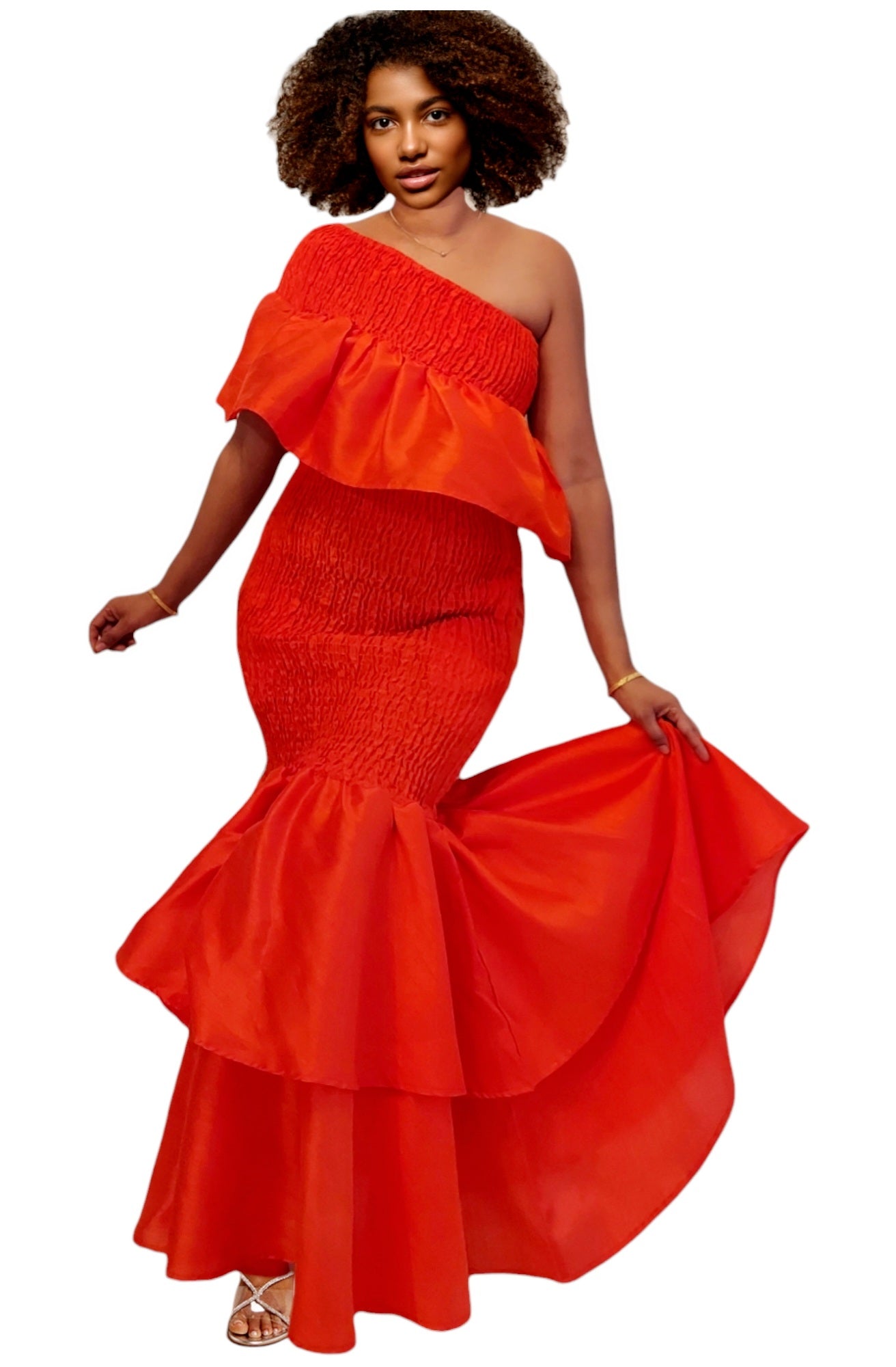 Faux Silk Smock Mermaid Dress - Orange