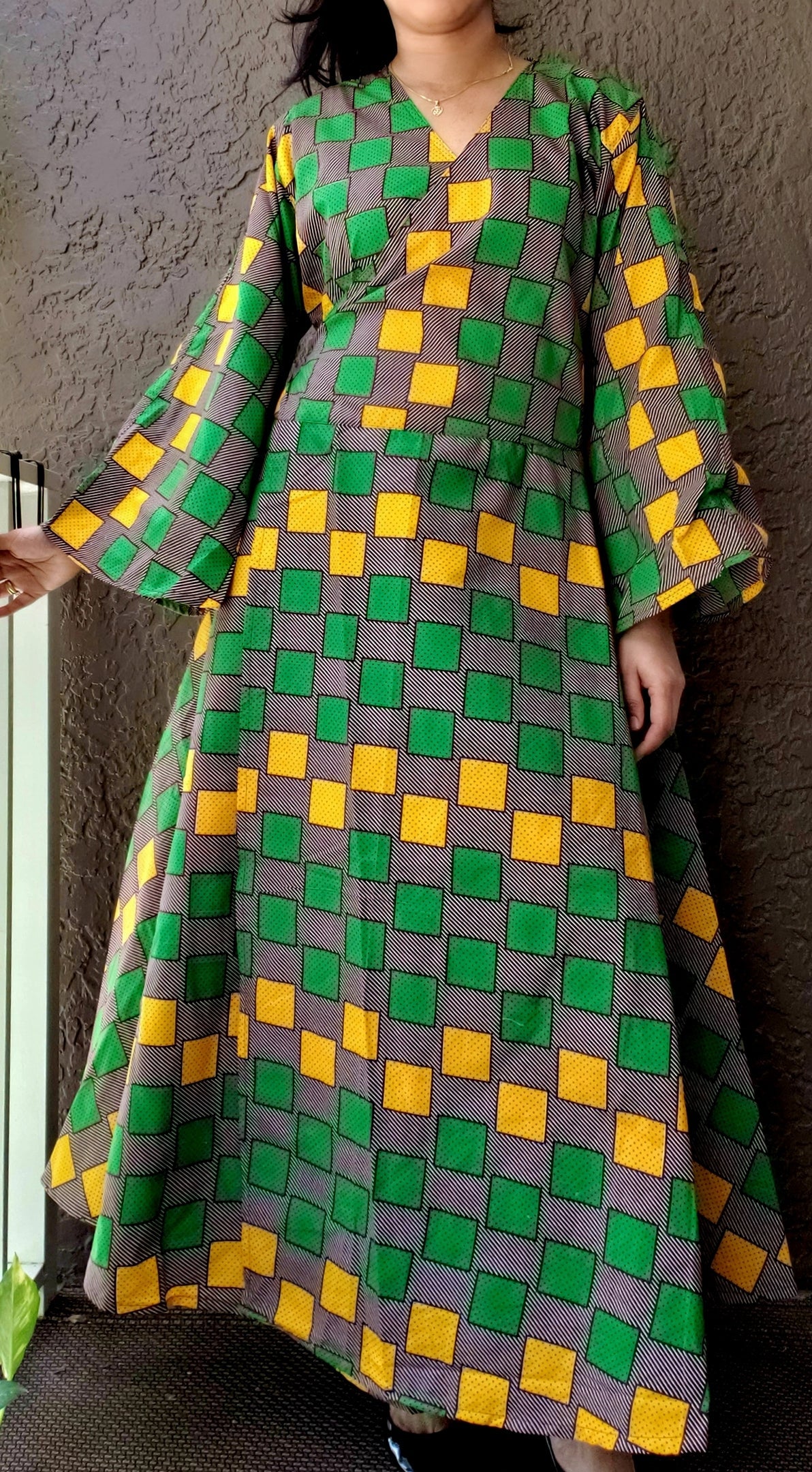 1014 - Long Wrap Dress / Long Bell Sleeves/ African Print