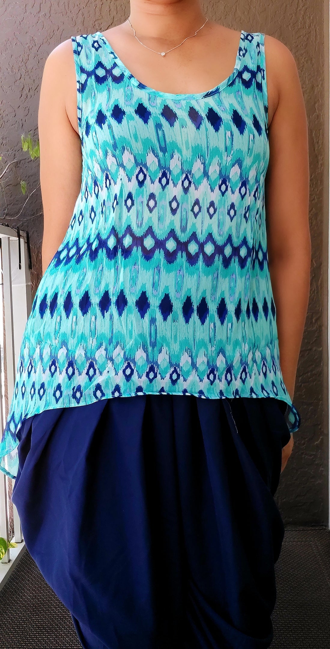 1232 -Ikat Print Tank/ Top/ Hi/Lo- Aqua