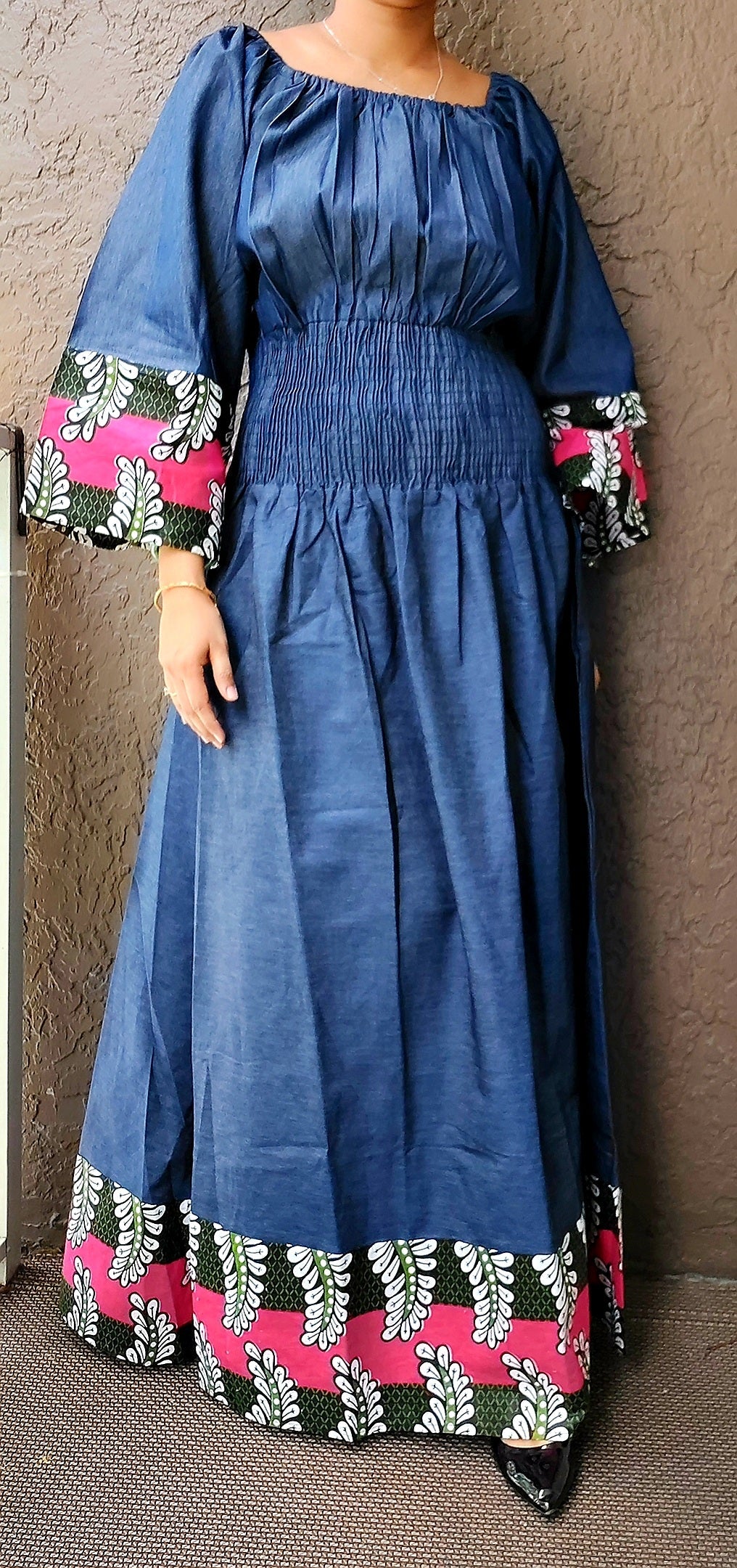 3034- Denim Dress/ Printed Border/ Tall/ Plus Size