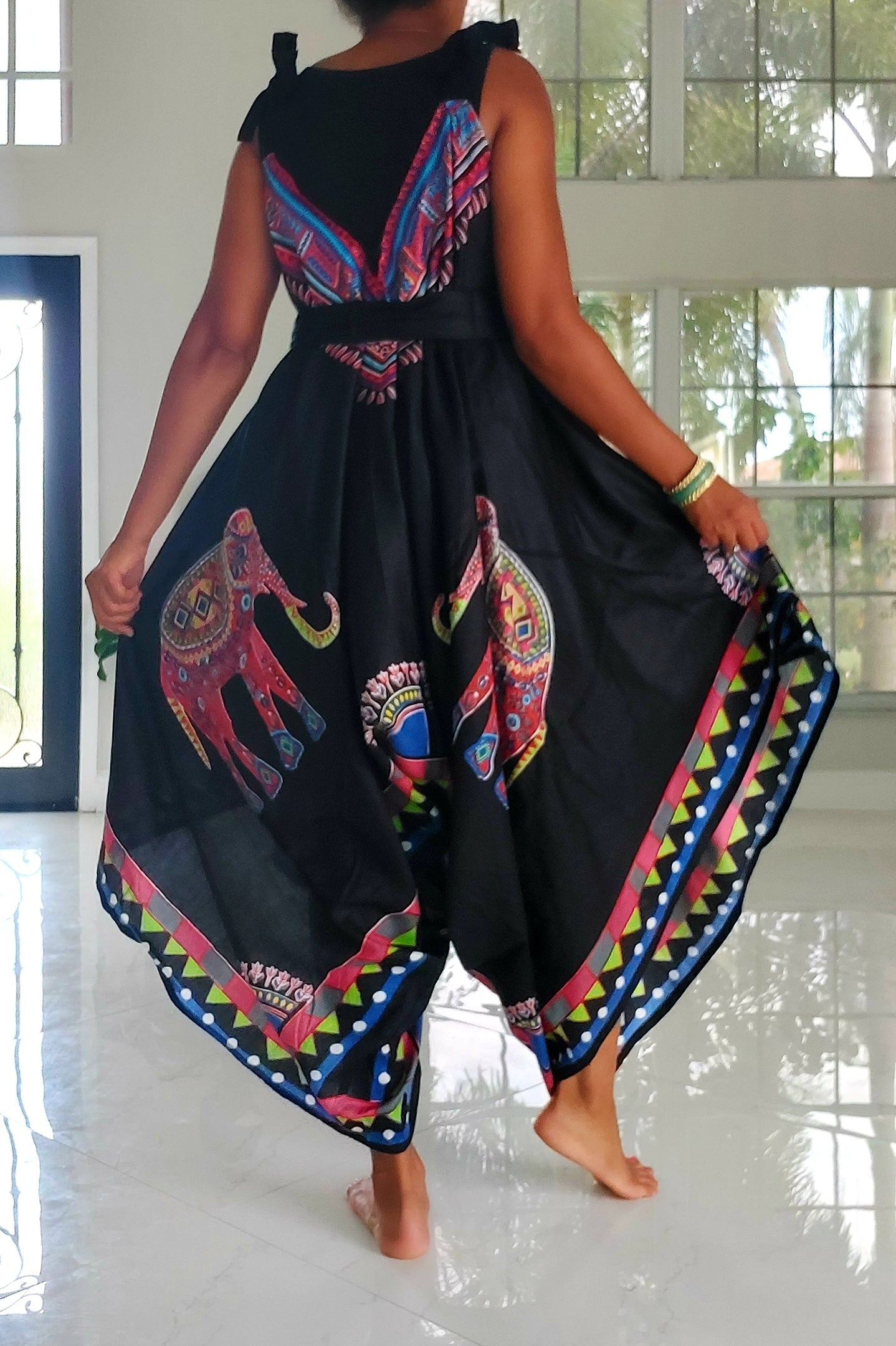 Harem Romper/Jumper Cotton / Elephant Print Red -009